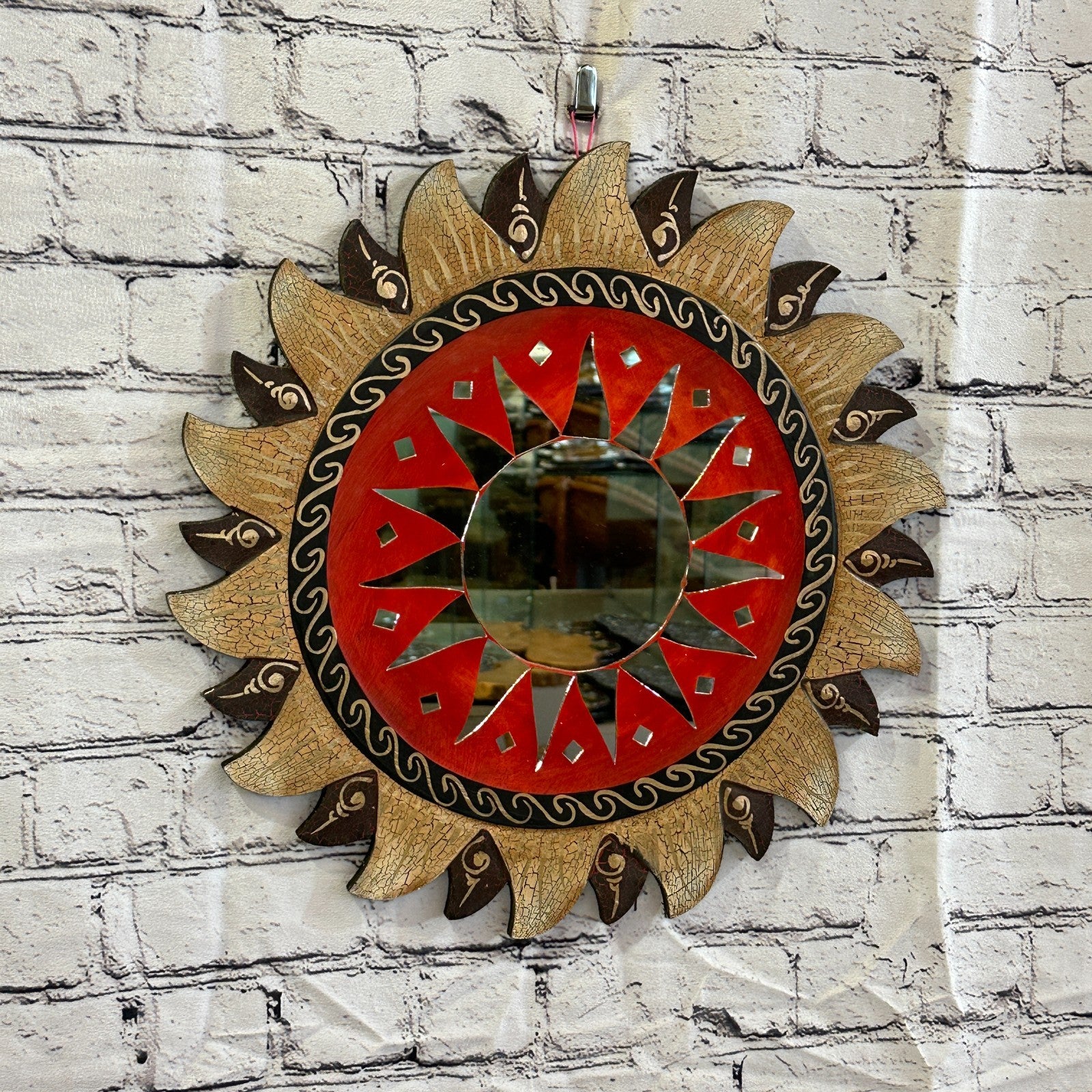 Red Gold Sun Mosaic Tile Wall Mirror 40cm x 40cm 16 Inches Handmade Fairtrade0