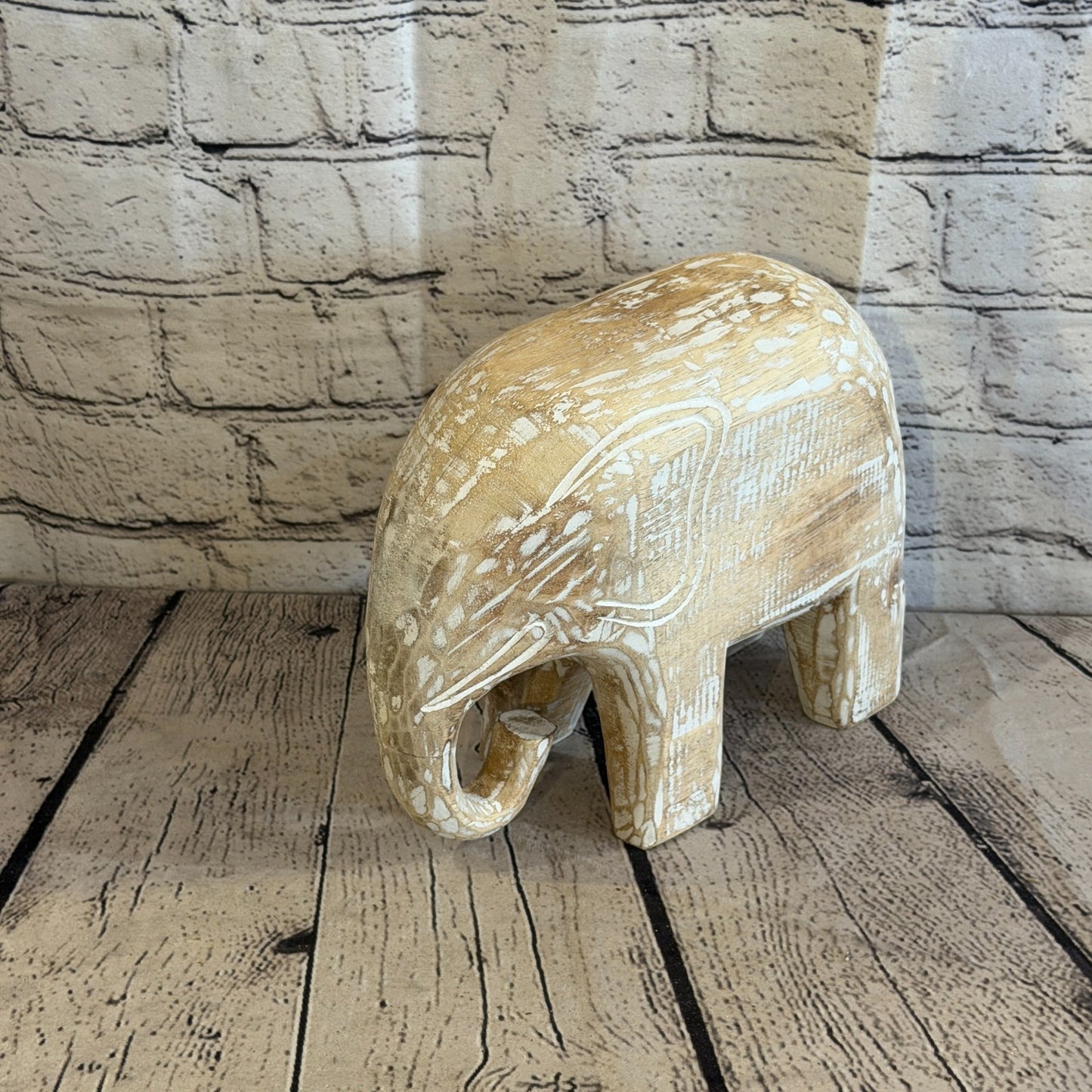 20cm x 25cm White Wood Wooden Standing Elephant Hand Carved Painted Statue0