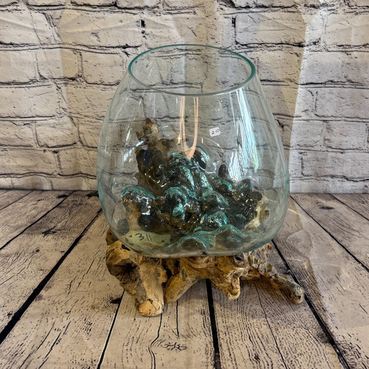 35cm Tall Clear Colour Melted Glass Wood Decorative Vase Glass Sculpture Crafted3