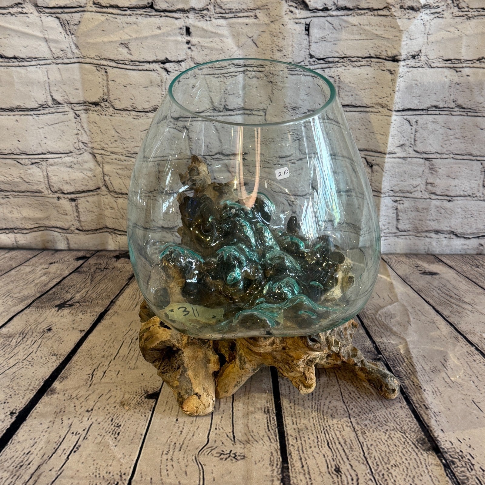 35cm Tall Clear Colour Melted Glass Wood Decorative Vase Glass Sculpture Crafted3
