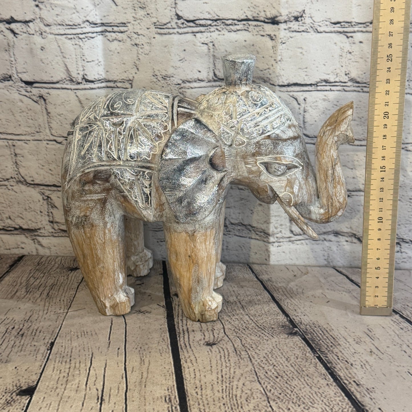 25cm x 25cm Brown Silver Wooden Standing Elephant Hand Carved & Painted6