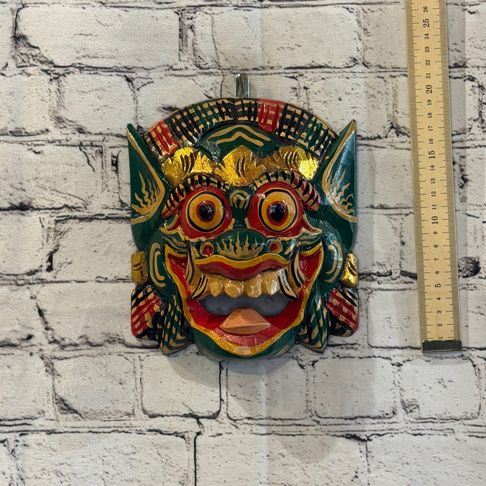 Large Wooden Green Barong Wall Mask 20cm x 20cm Handmade And Fairtrade Hindu4