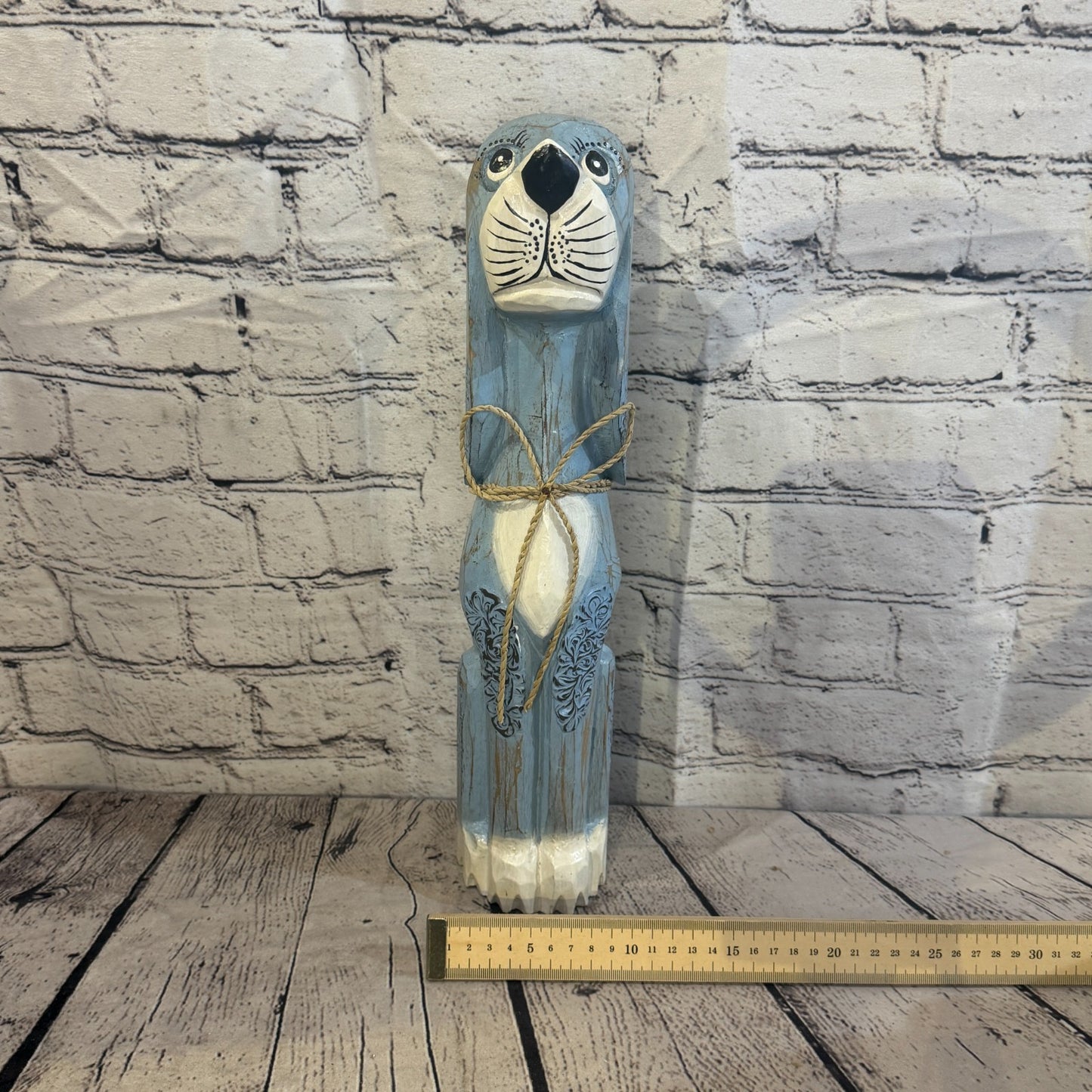 40cm Light Blue Wooden Shabby Dog Statue Ornament Fair Trade Handcarved6