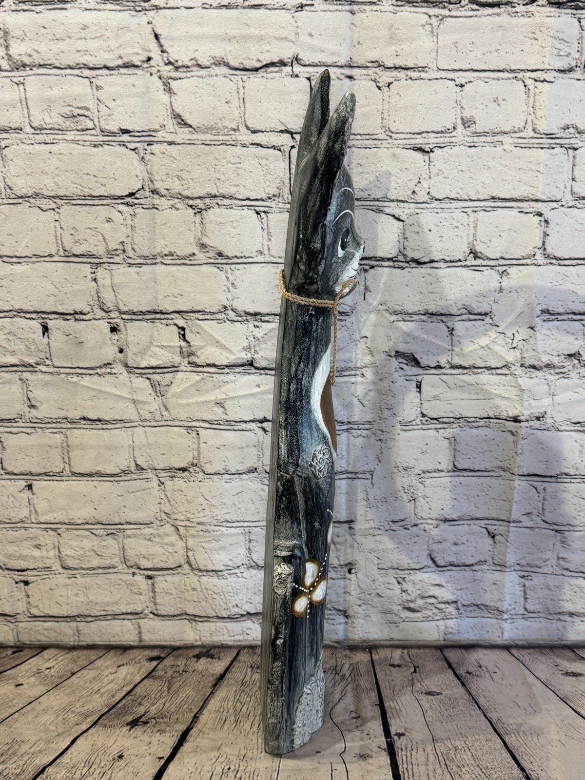 60cm Grey Silver Dots Wooden Shabby Cat Statue Ornament Fair Trade Handcarved3