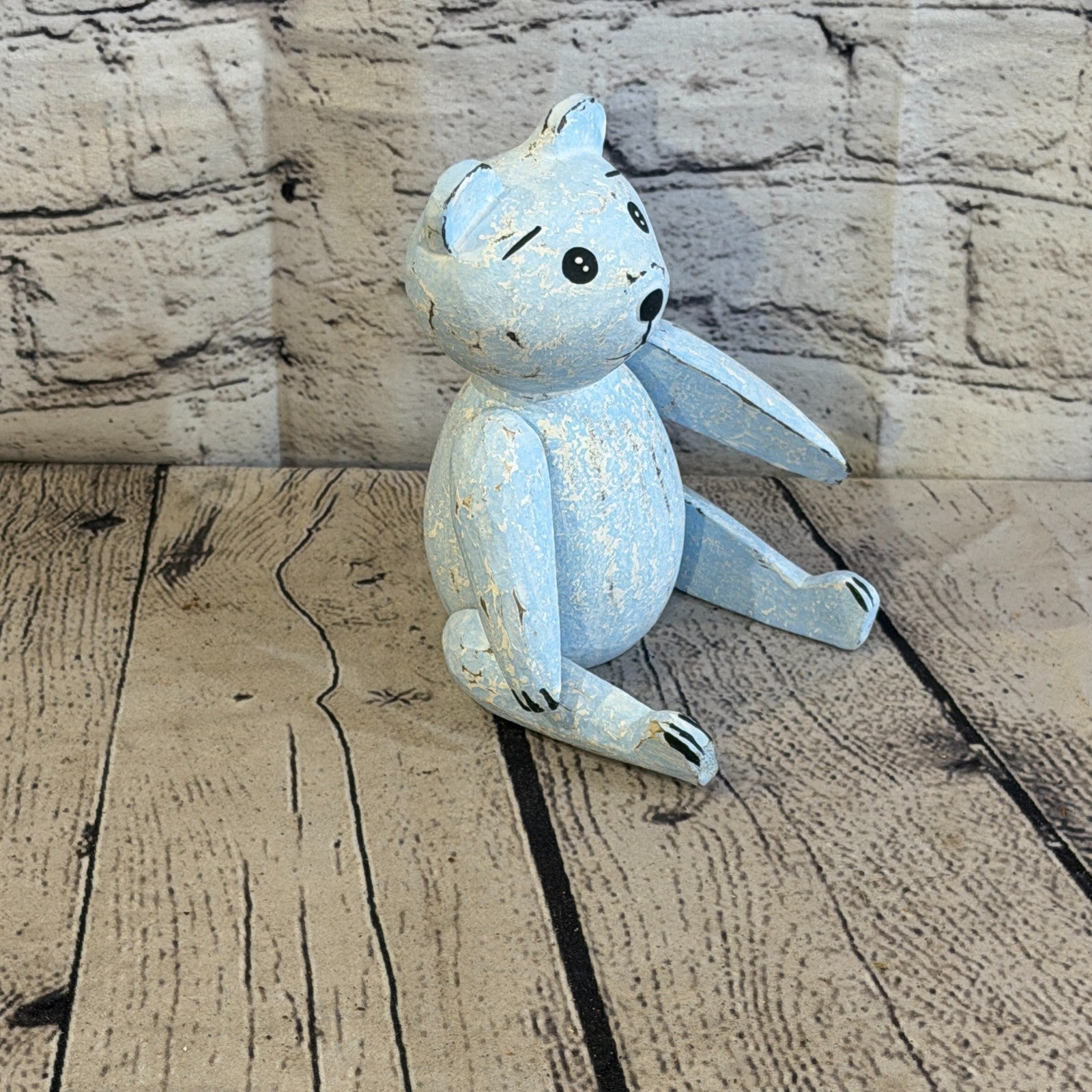 15cm Blue Teddy Bear Sitting Animal, Wooden Shelf Ornament Handmade & Fairtrade2