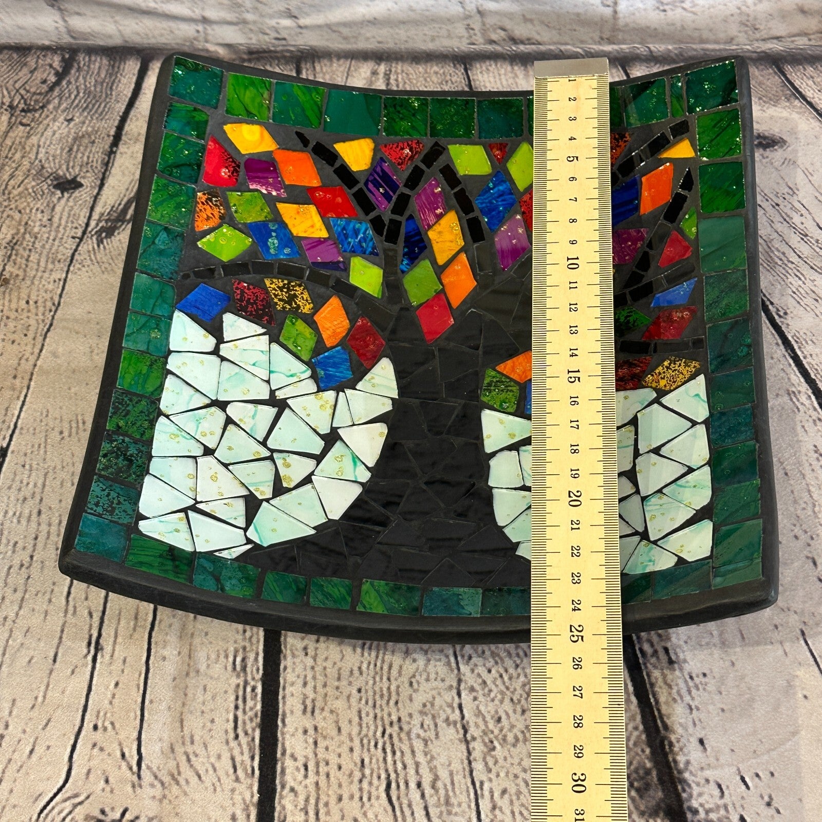25cm Rainbow Tree Of Life Square Mosaic Handmade Ceramic Glass Tile Bowl Fruit2
