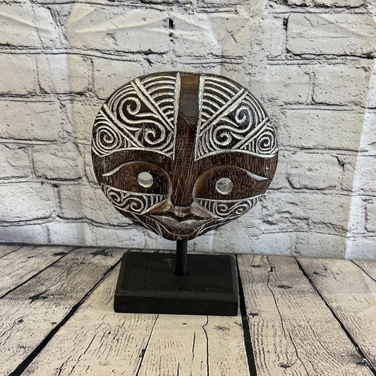 25cm x 20cm  Wooden Tribal Primitive Black Mask Stand Sculpture Statue Art0