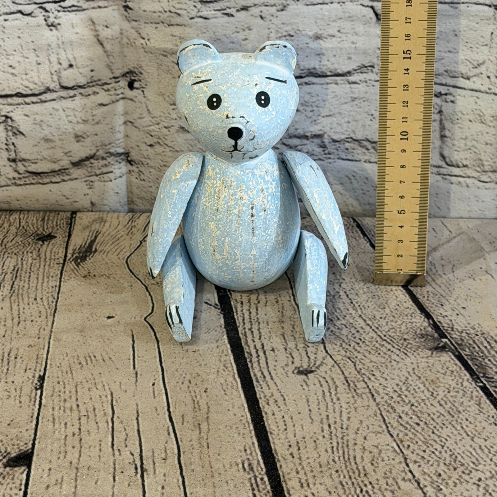 15cm Blue Teddy Bear Sitting Animal, Wooden Shelf Ornament Handmade & Fairtrade5