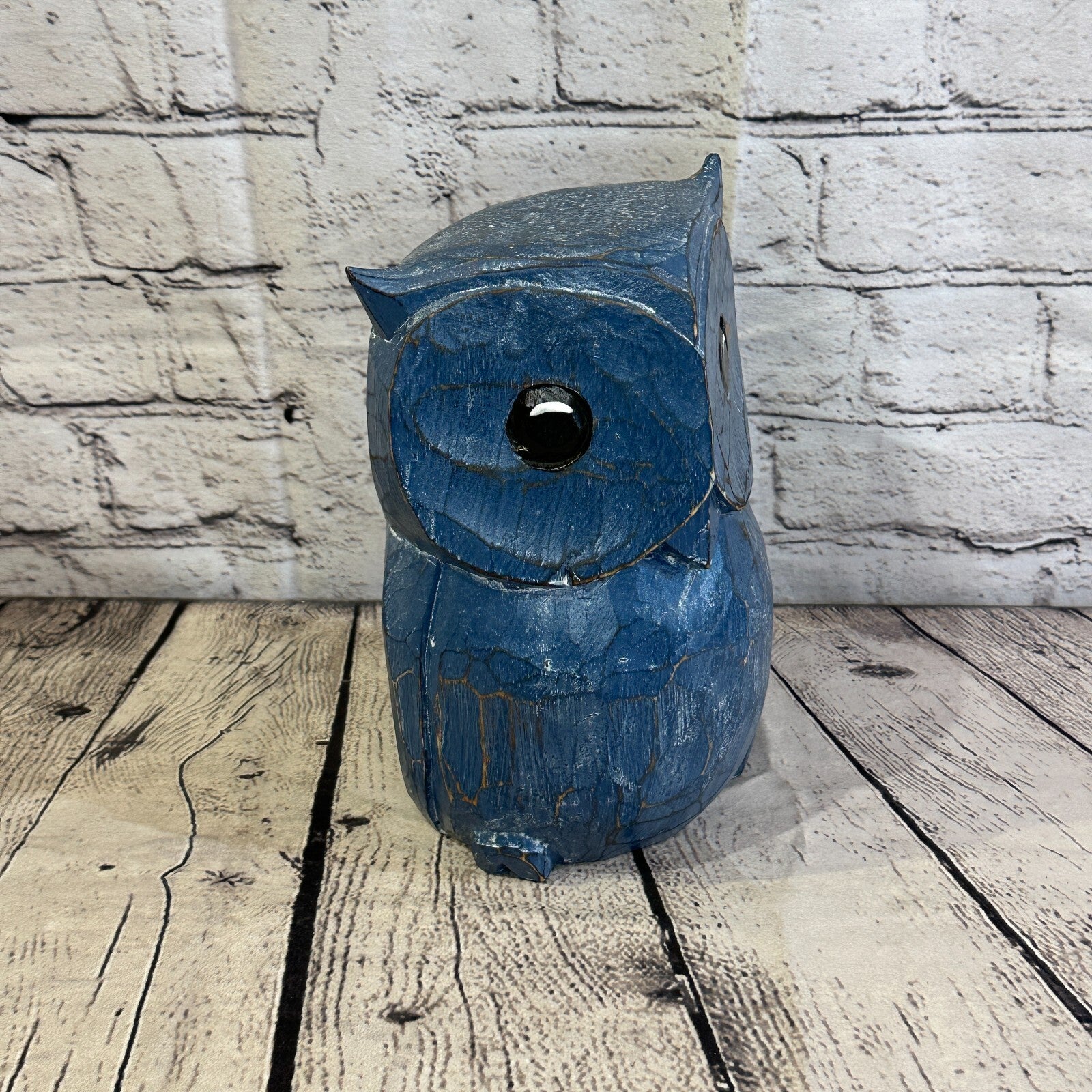 20cm x 15cm Blue Flower Wooden Shabby Owl Statue Ornament Fair Trade Handcarved2