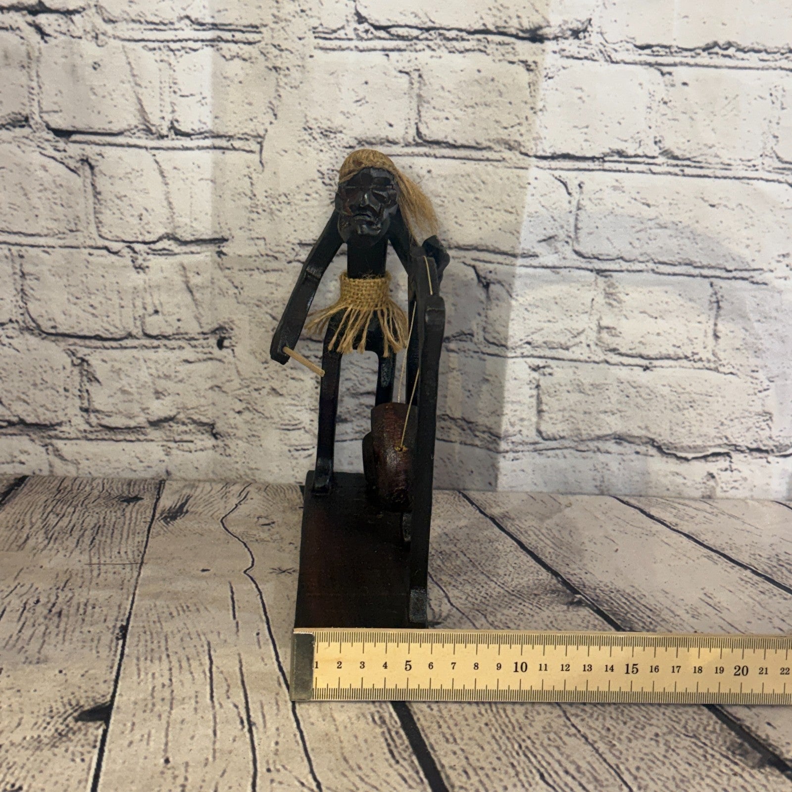 20cm Gong Playing African Tribal Warrior Man Figure Statue Wood Hand Carved7