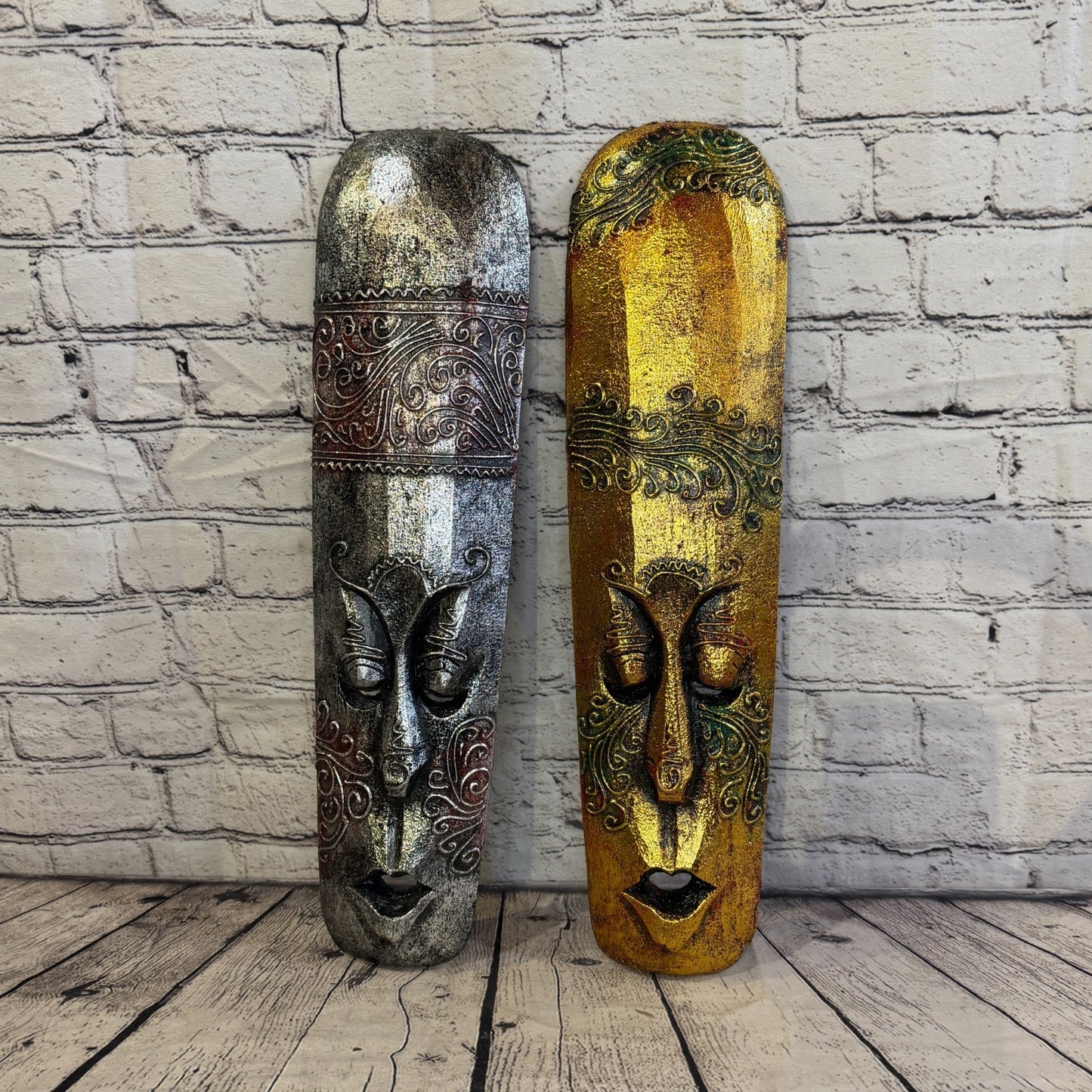 50cm Gold Painted Mask Carved Wooden Brown Work Ethnic Tribal Tiki Wall Art7