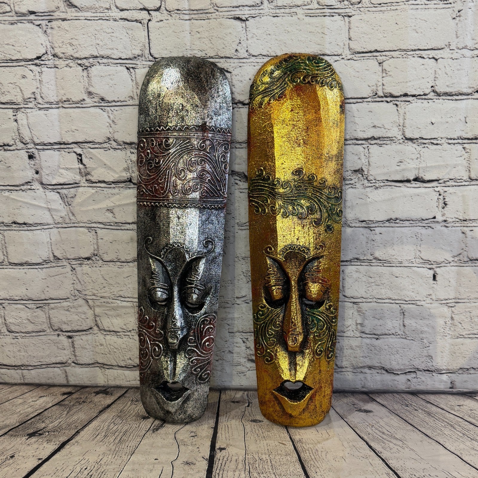 50cm Gold Painted Mask Carved Wooden Brown Work Ethnic Tribal Tiki Wall Art7