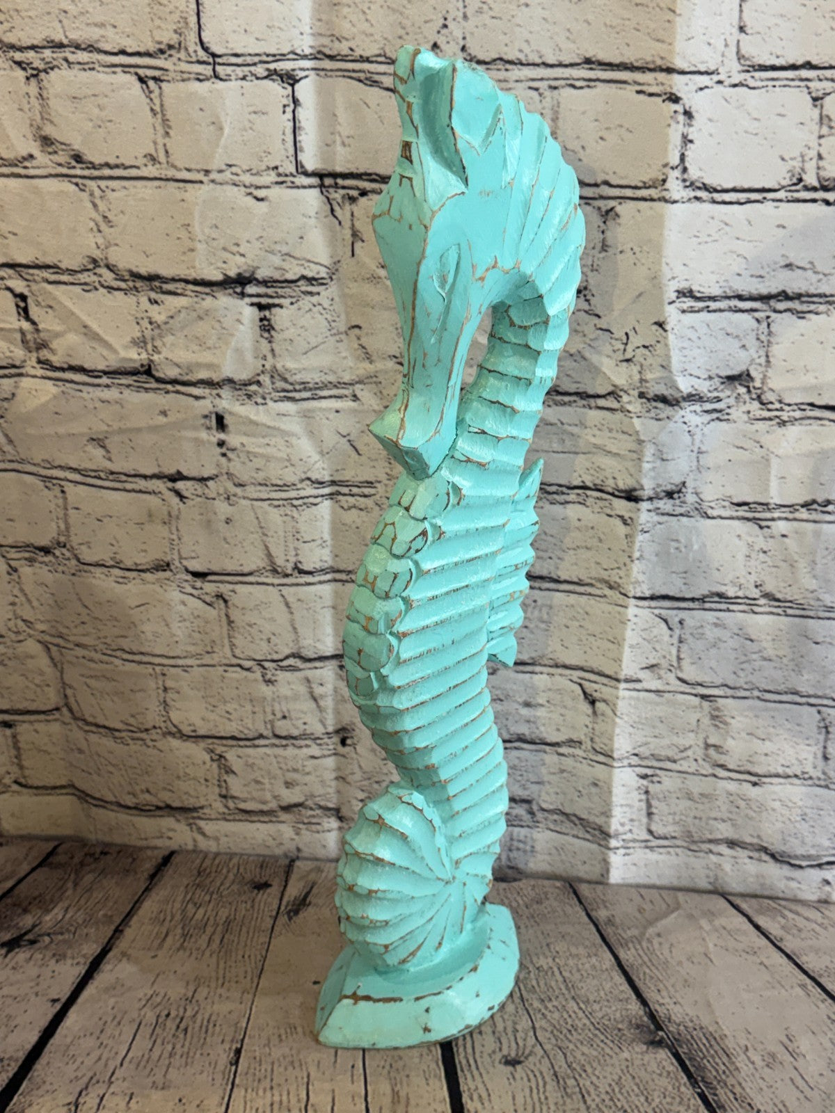 50cm Green Teal Wooden Shabby Seahorse Statue Ornament Fair Trade Handcarved0