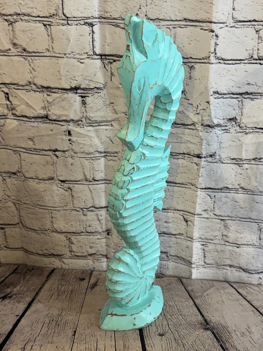 50cm Green Teal Wooden Shabby Seahorse Statue Ornament Fair Trade Handcarved0