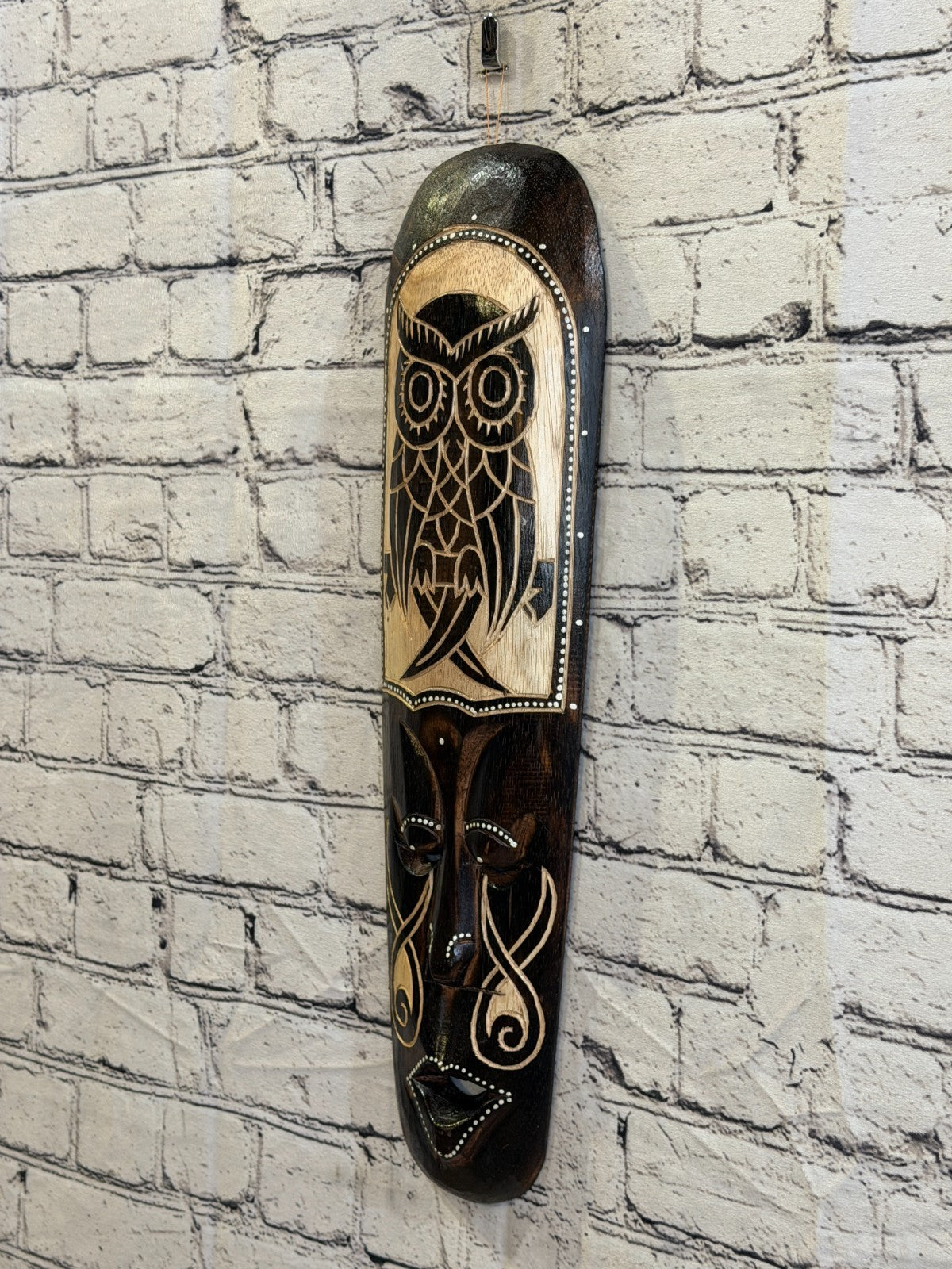 50cm Owl Mask Carved Wooden Brown Work Painted Ethnic Tribal Tiki Wall Art1