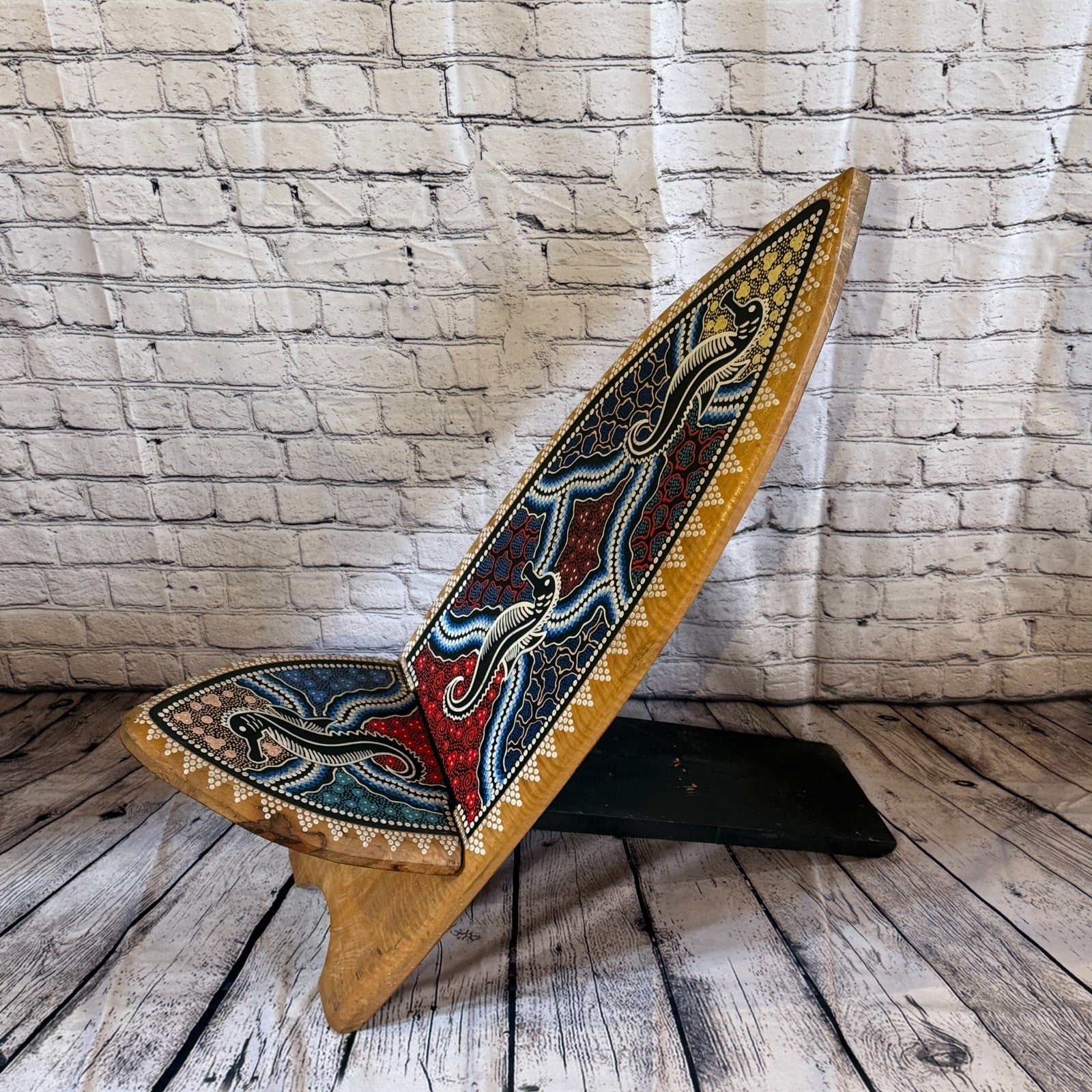 100cm Dotted Surf Board Shape African Birthing Chair Hand Carved Wooden Tribal0