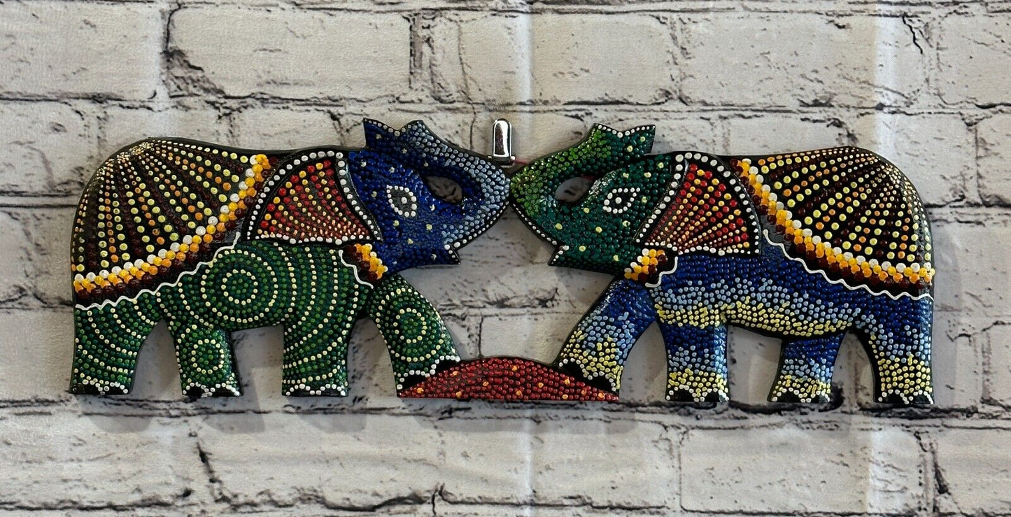 45cm 2 Elephants Carved Wooden Dot Painted Ethnic Tribal Tiki Wall Handmade No 30
