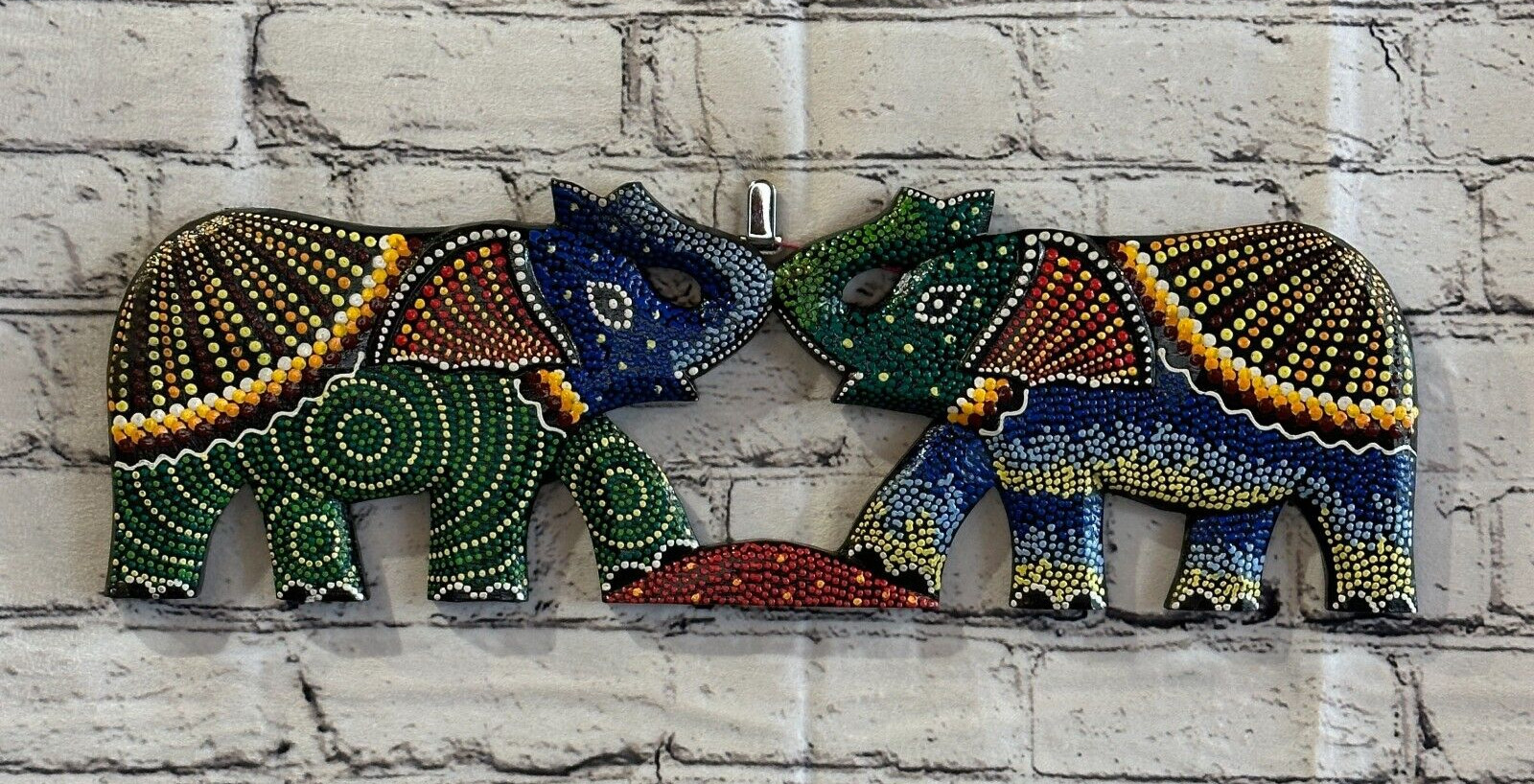 45cm 2 Elephants Carved Wooden Dot Painted Ethnic Tribal Tiki Wall Handmade No 30