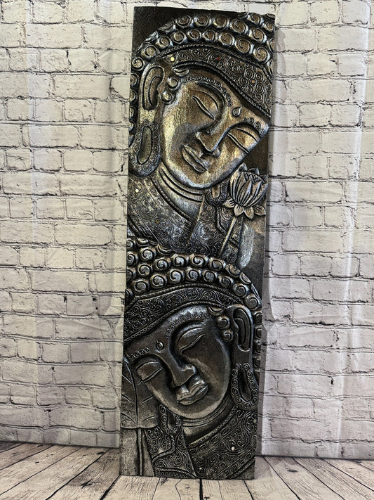 100cm x 30cm Tall Buddha 2 Faces Silver Wooden Wood Panel Wall Art Plaque0