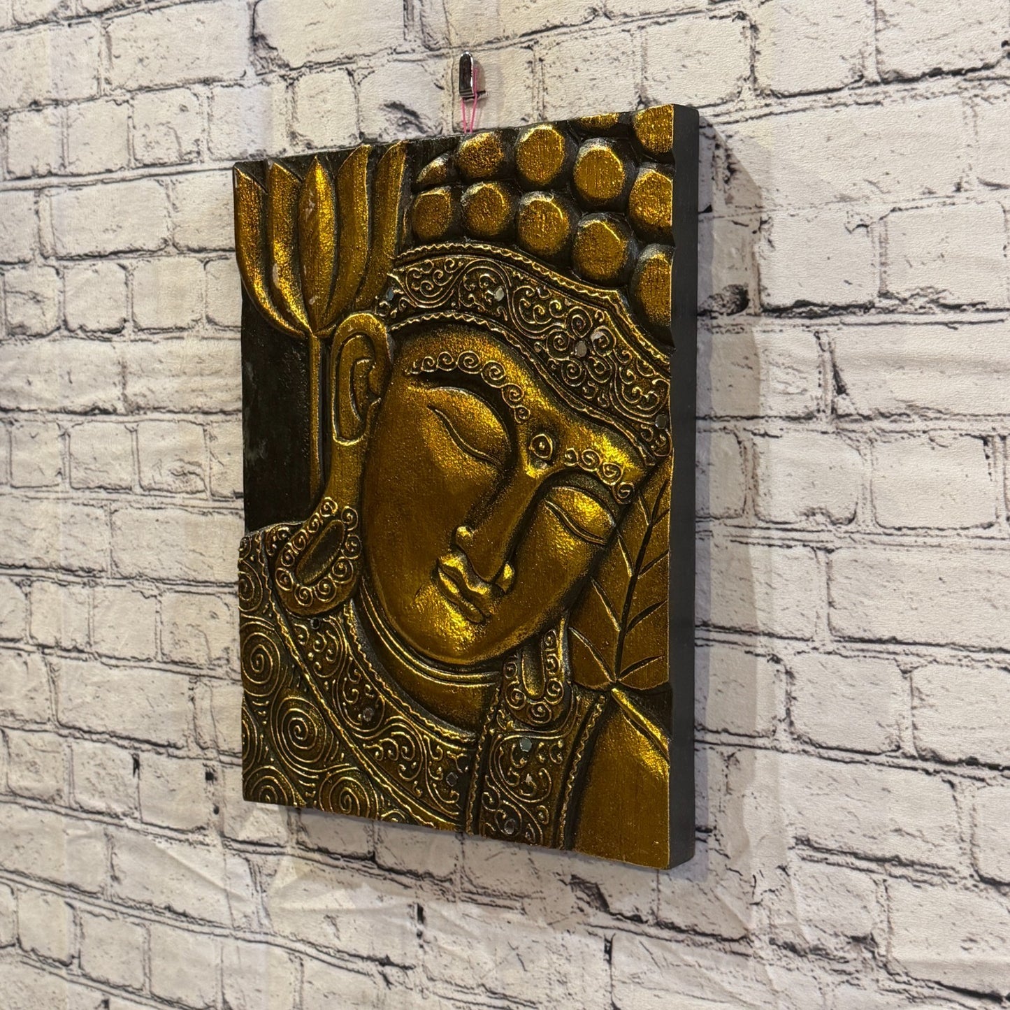 Wooden Wood Panel 40cm Gold Black Buddha Lotus Wall Art Plaque Handcarved1