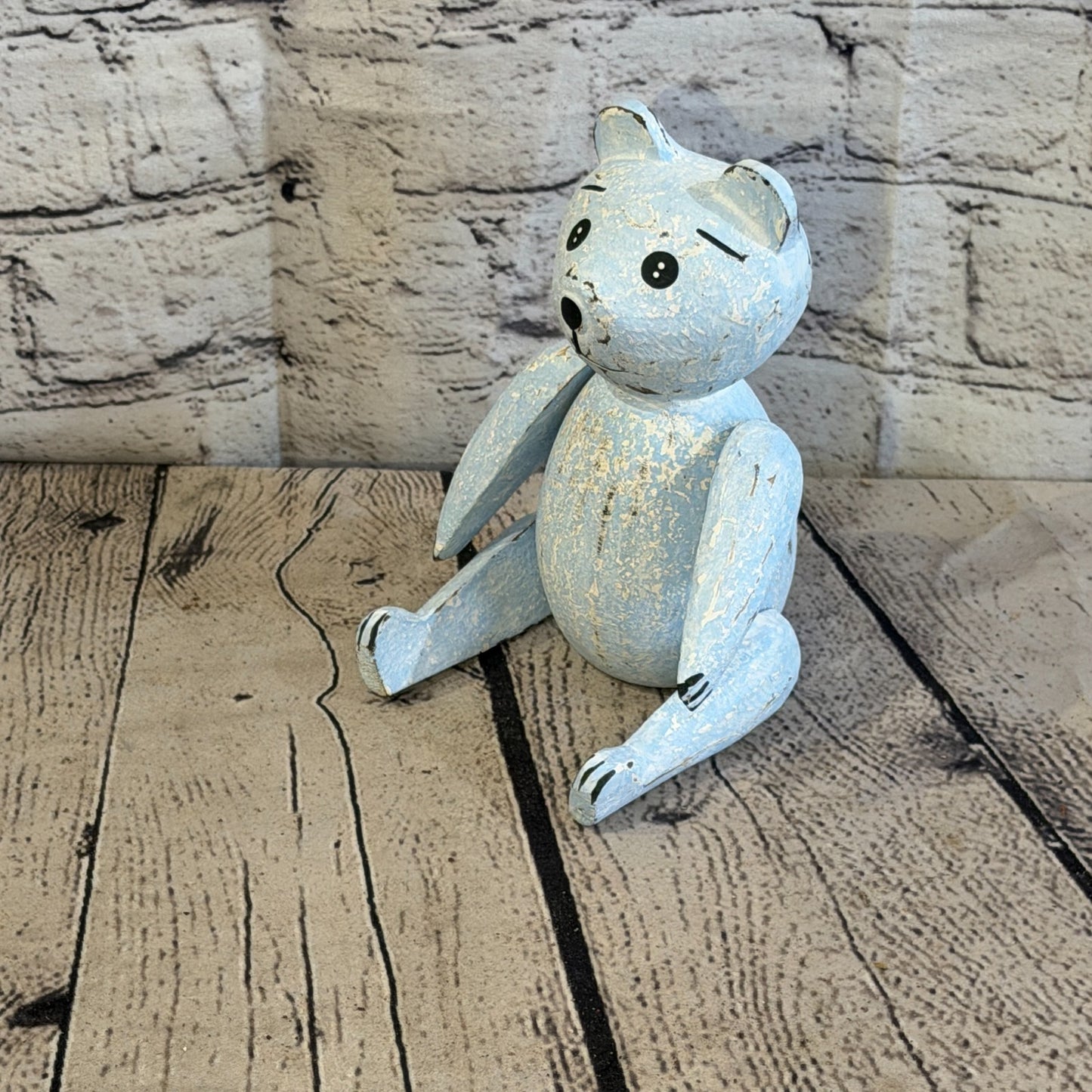 15cm Blue Teddy Bear Sitting Animal, Wooden Shelf Ornament Handmade & Fairtrade0
