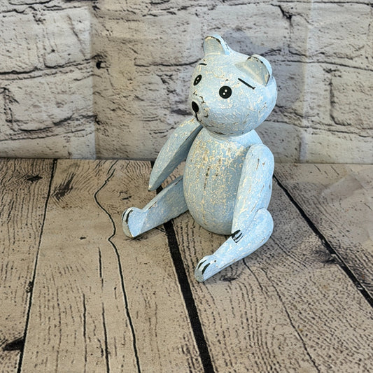 15cm Blue Teddy Bear Sitting Animal, Wooden Shelf Ornament Handmade & Fairtrade0