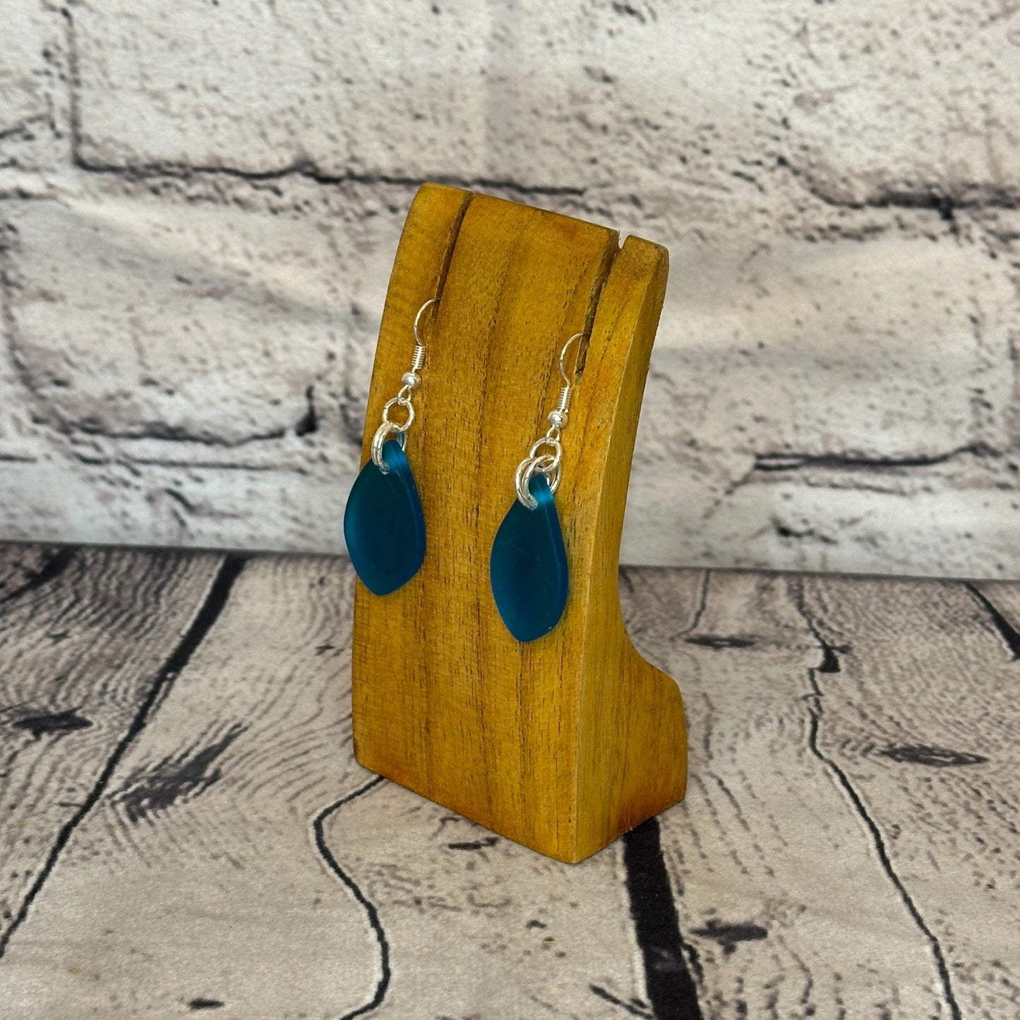 Blue Recycled Teardrop Silver Plate Dangle Drop Earrings Handmade UK Jewellery1