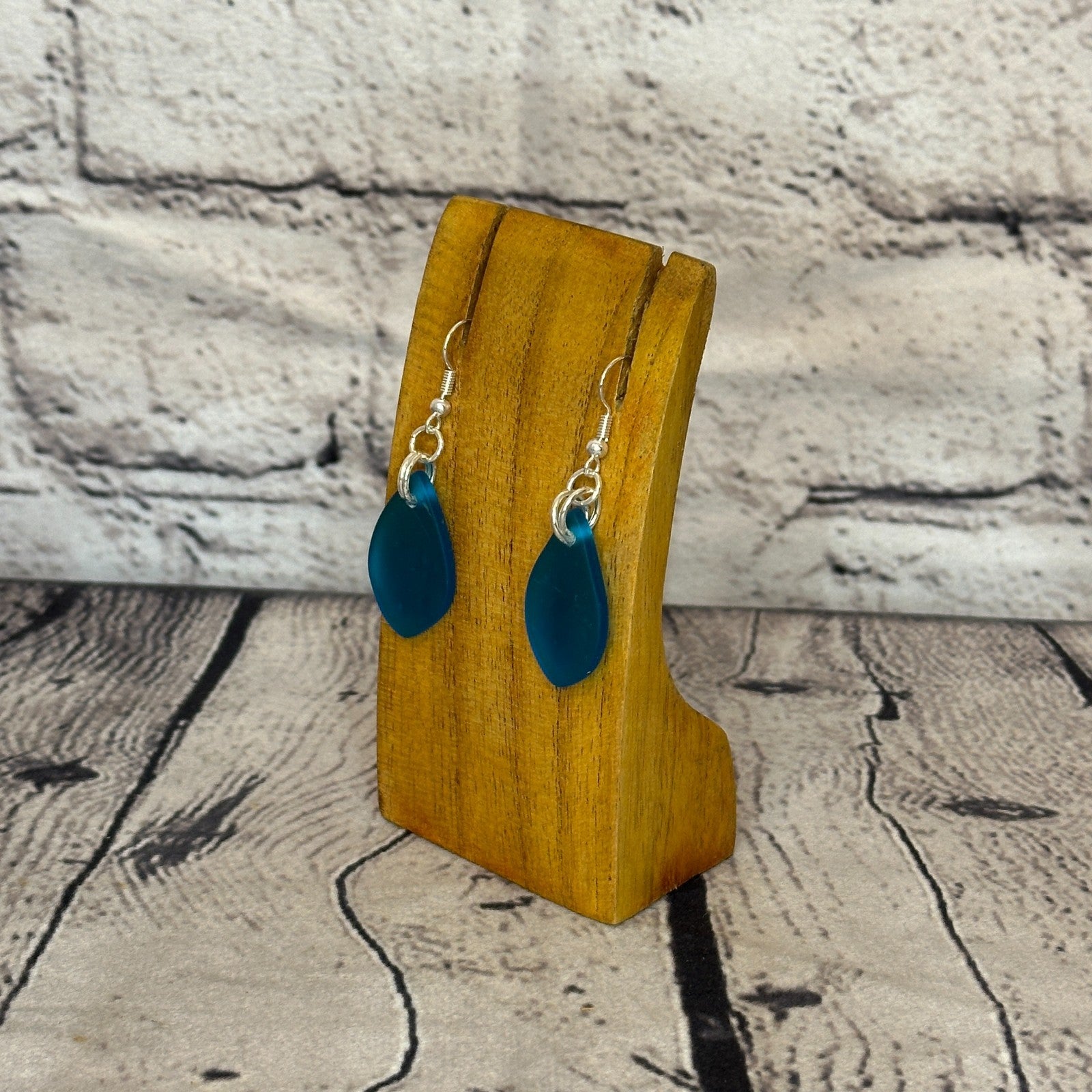 Blue Recycled Teardrop Silver Plate Dangle Drop Earrings Handmade UK Jewellery1