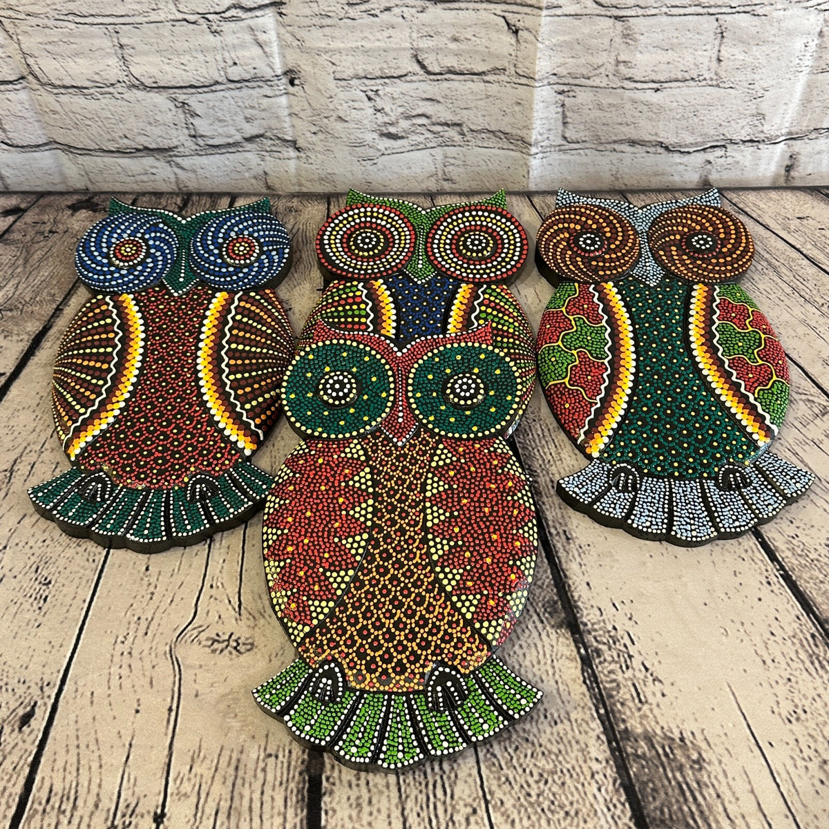 30cm Owl Carved Wooden Dot Painted Ethnic Tribal Tiki Wall Art Handmade No 17