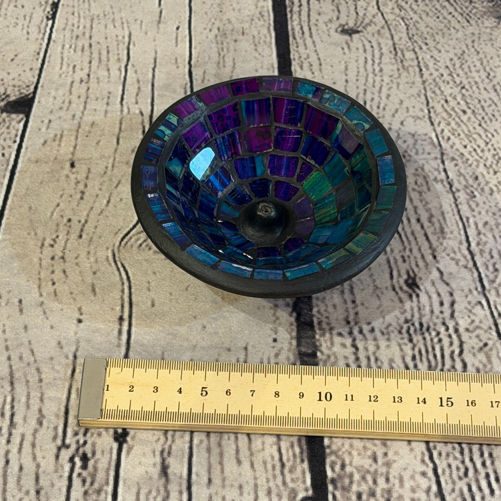 Blue Purple Small 12cm Round Mosaic Pottery Incense Holder Burner Detail2