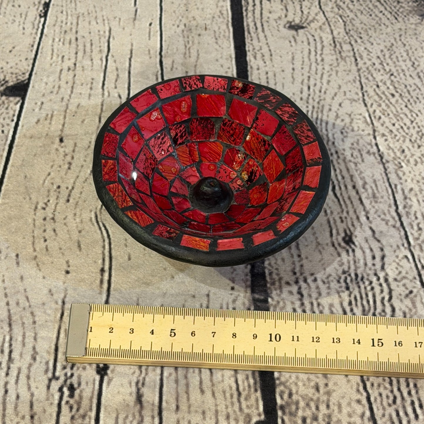 Red Small 12cm Round Mosaic Pottery Incense Holder Burner Detail2