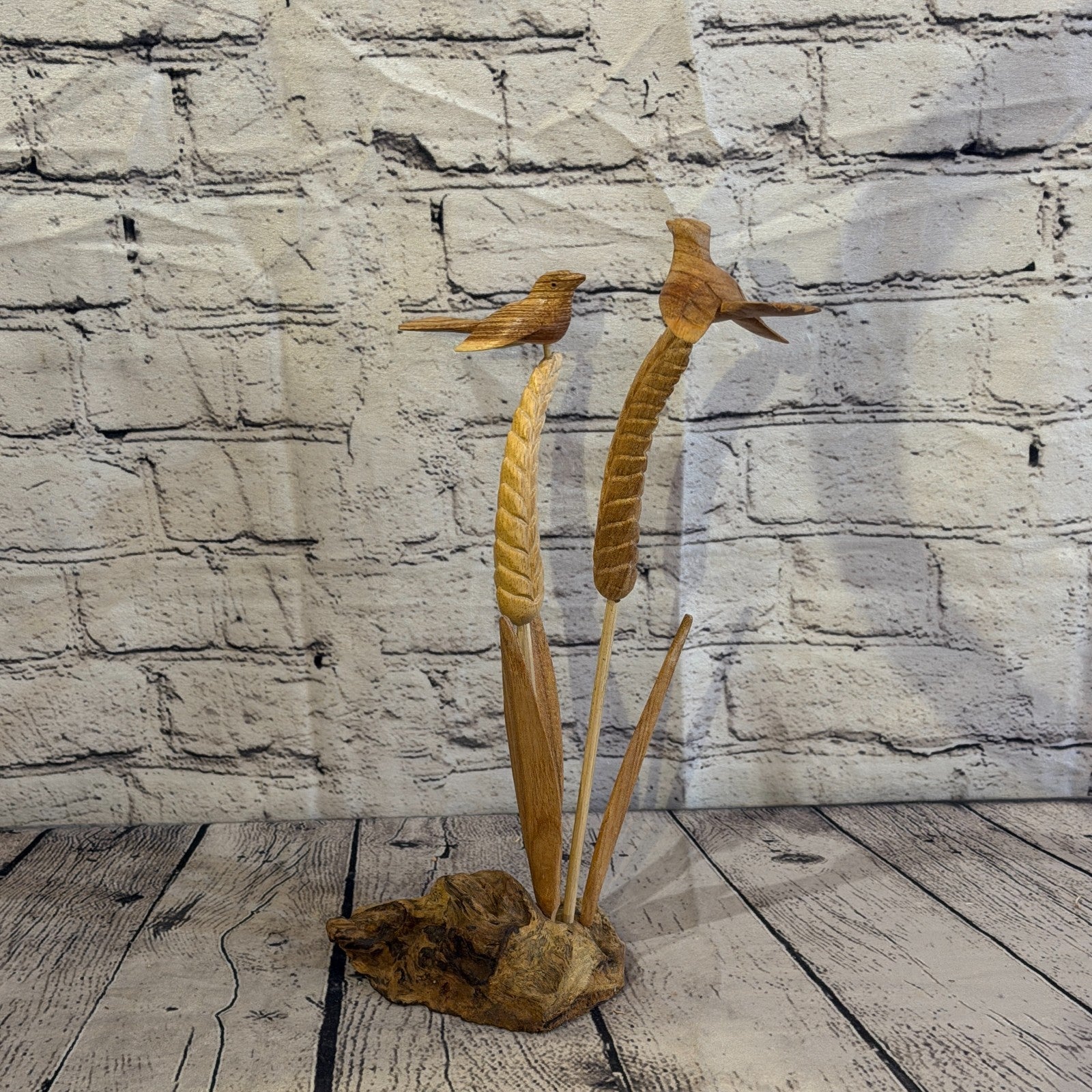 35cm 2 Birds On Wheat Reeds Stand Parasite Wood Ornament Natural Carving Wooden1