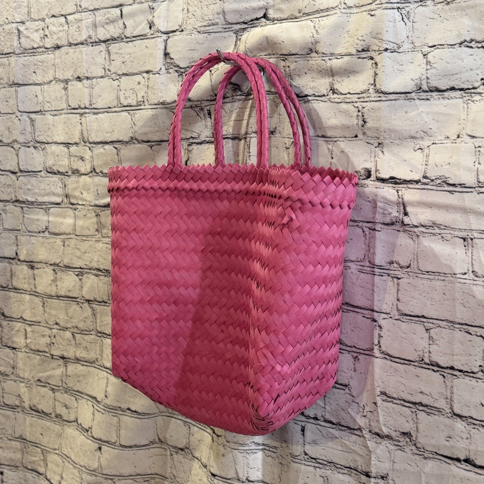 Bright Pink 40cm Handwoven Tote Bag Recycled Plastic Eco-Friendly Market Beach1