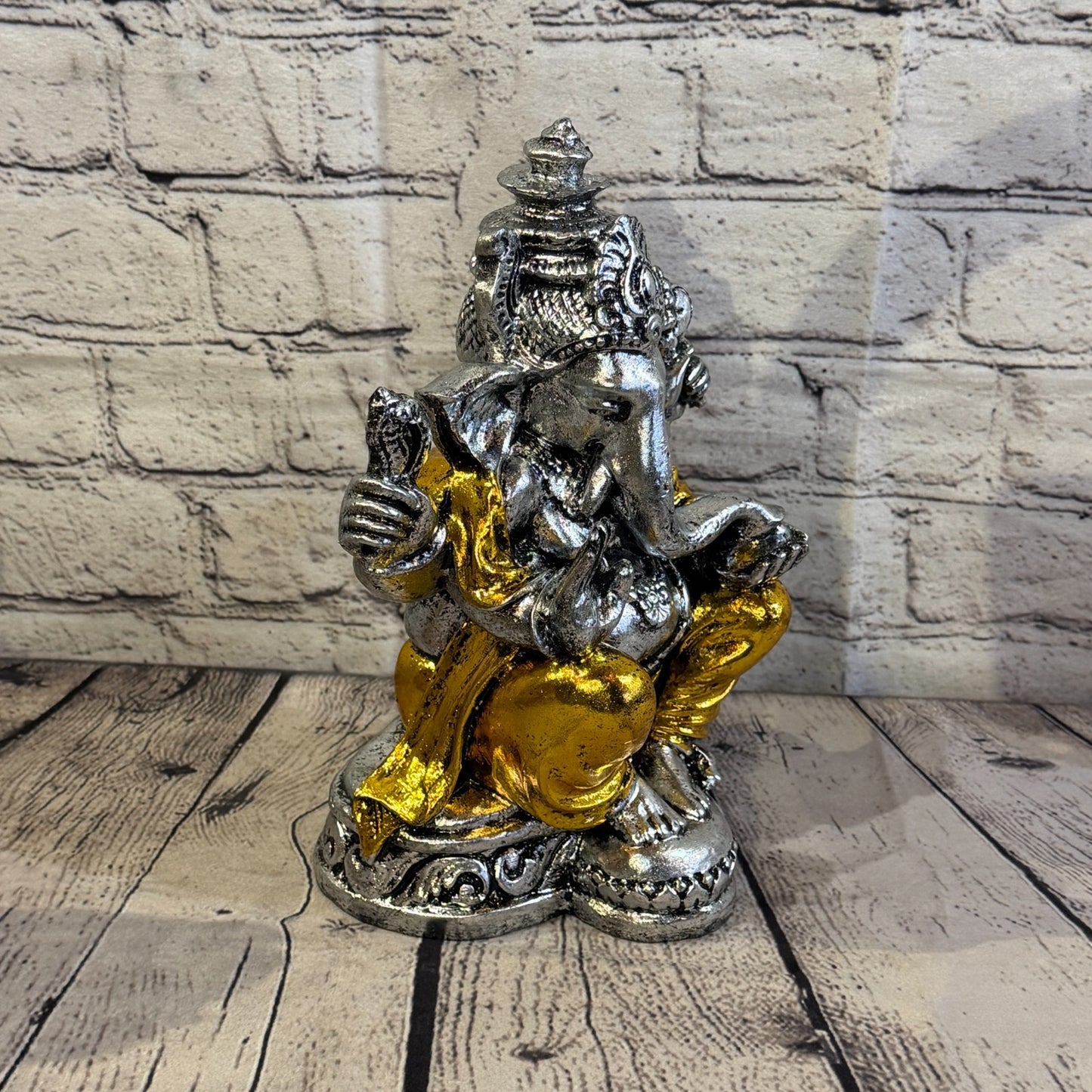 Silver And Gold 25cm Large Ganesh Ganesa Sitting On Lotus Statue Resin Hindu2