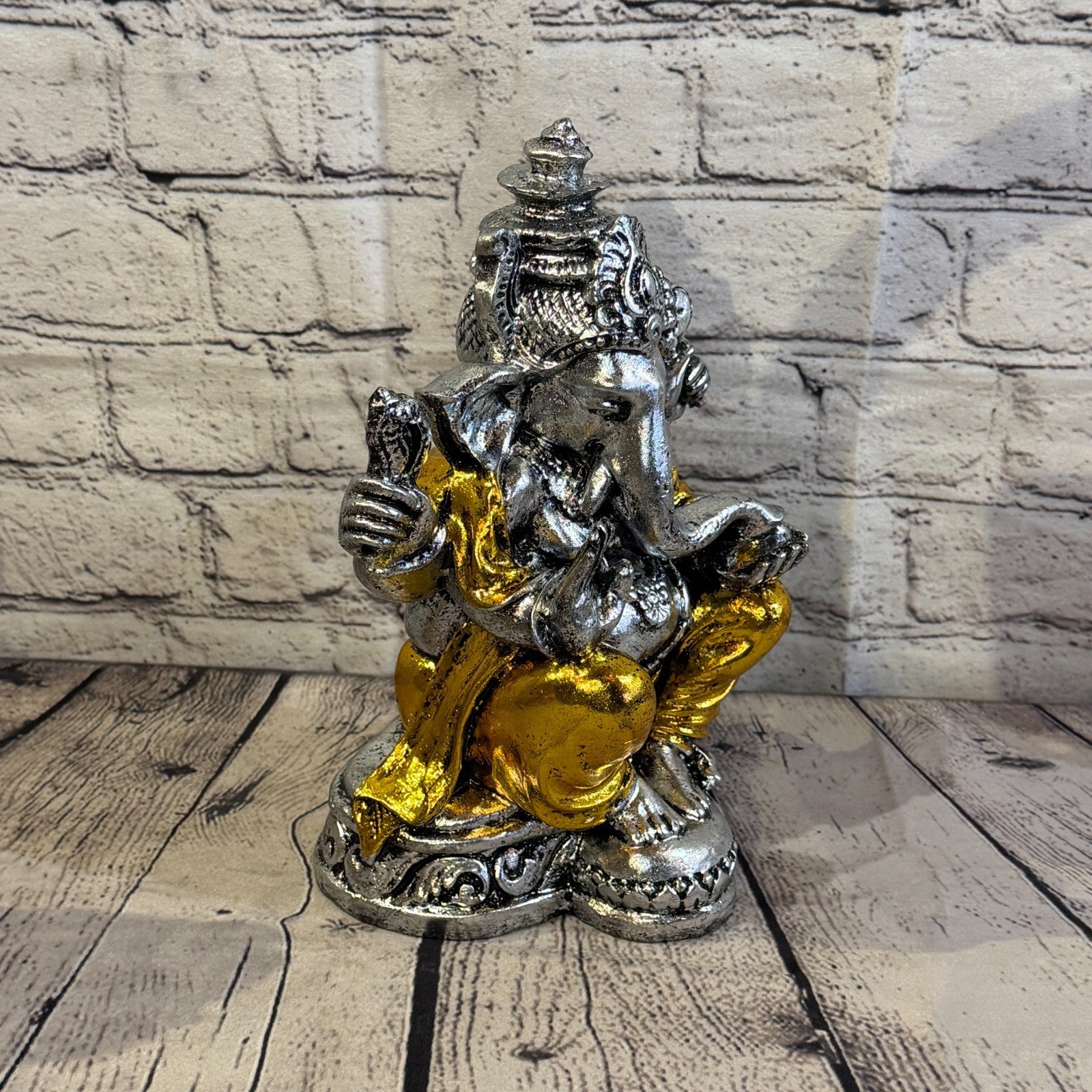 Silver And Gold 25cm Large Ganesh Ganesa Sitting On Lotus Statue Resin Hindu2