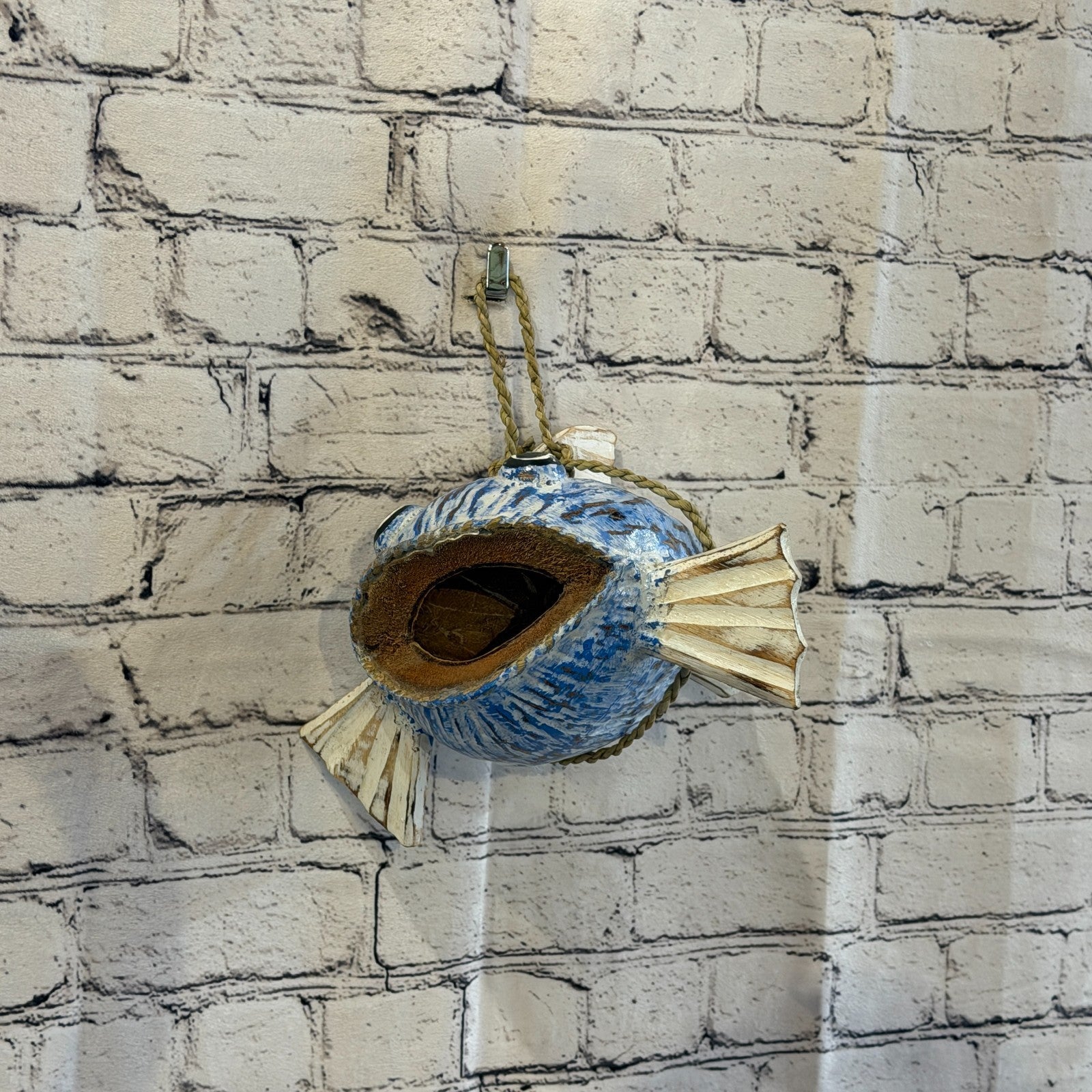 Green Blue Fins Folk Art Painted Shark Fish Coconut Shell Ornaments Hanging8