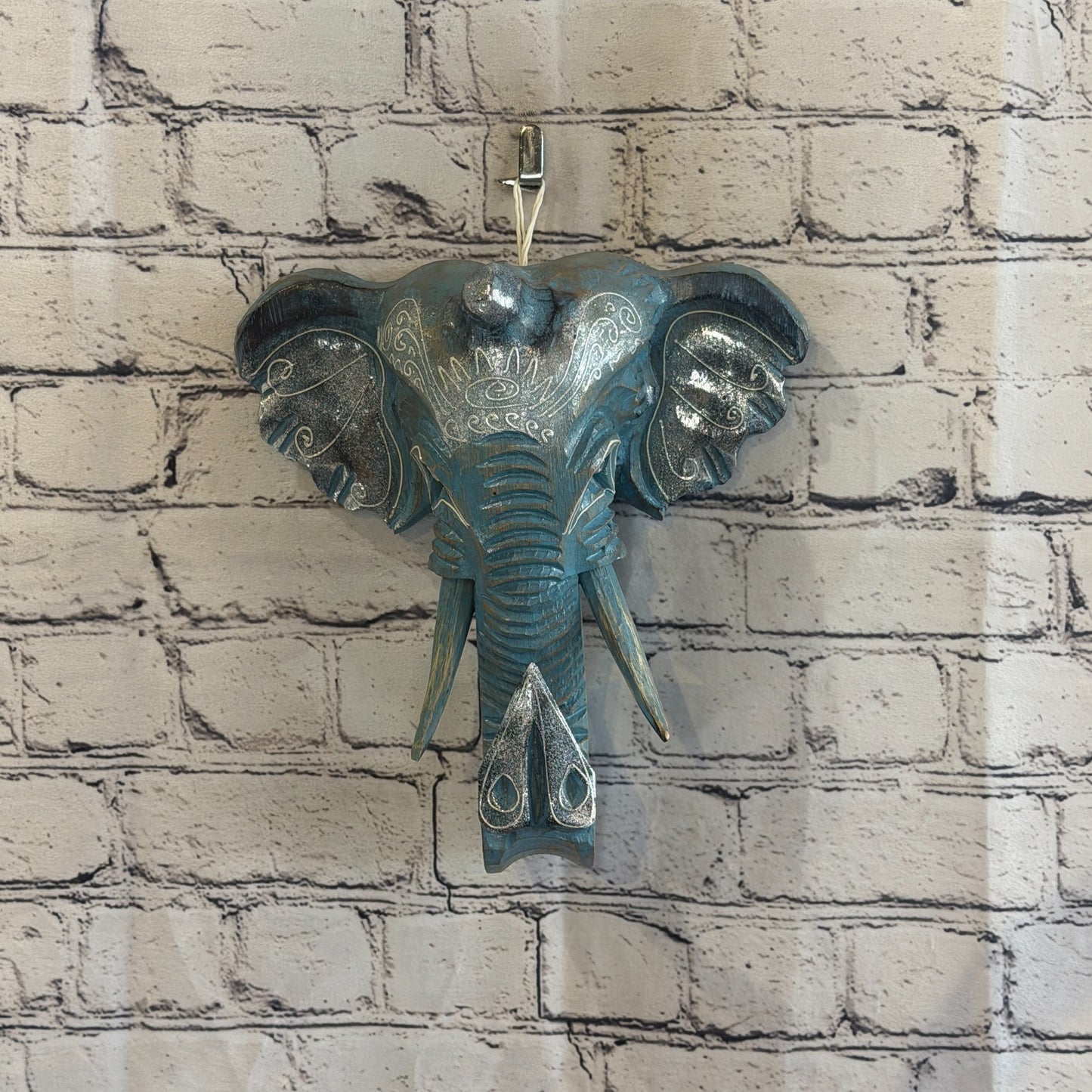 25cm x 25cm Silver Blue Painted Wood Elephant Head Wall Mounted Art Shabby2