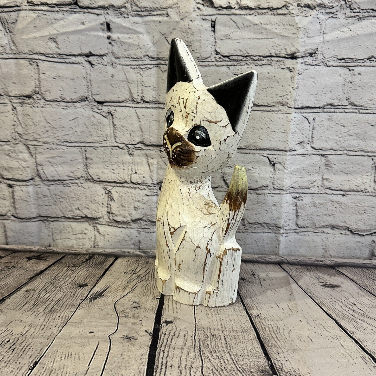 30cm x 12cm White Flower Wooden Shabby Cat Statue Ornament Fair Trade Handcarved1