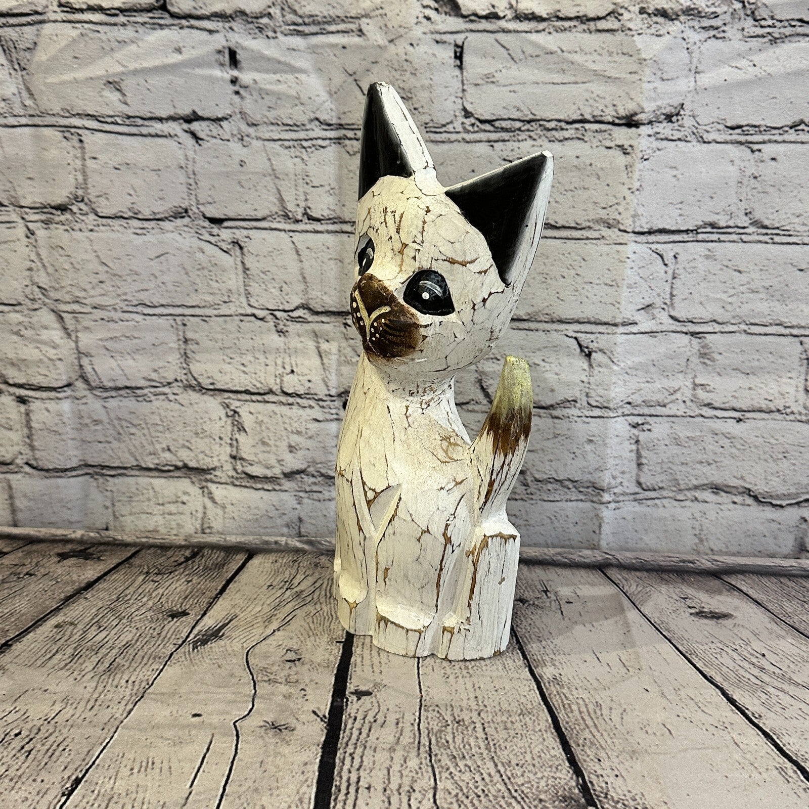 30cm x 12cm White Flower Wooden Shabby Cat Statue Ornament Fair Trade Handcarved1