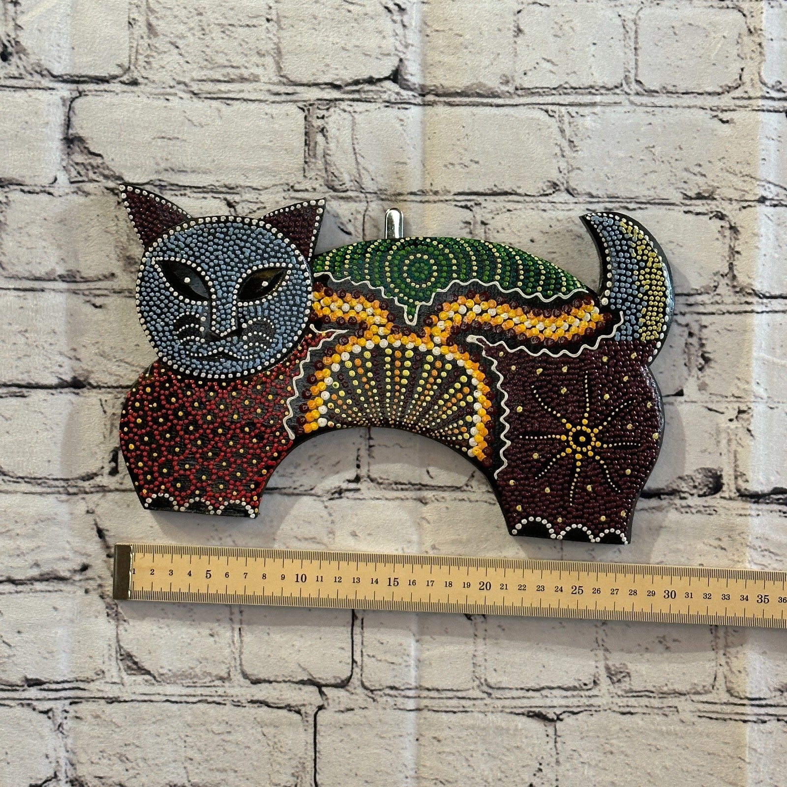 30cm Cat Carved Wooden Dot Painted Ethnic Tribal Tiki Wall Art Handmade No 23