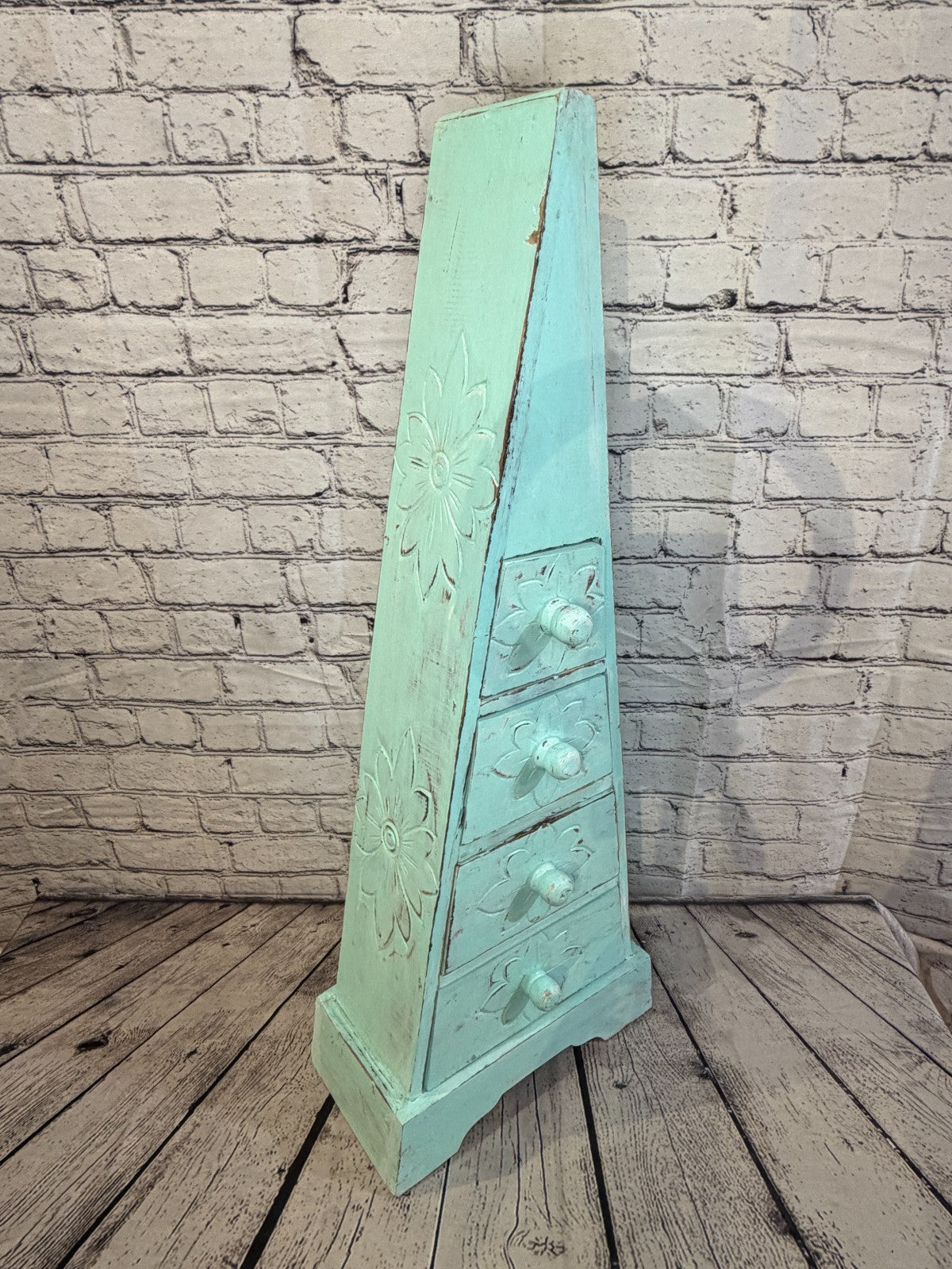 80cm x 30cm Green 3 Draw Pyramid Wooden Side Cabinet Living Storage Furniture2