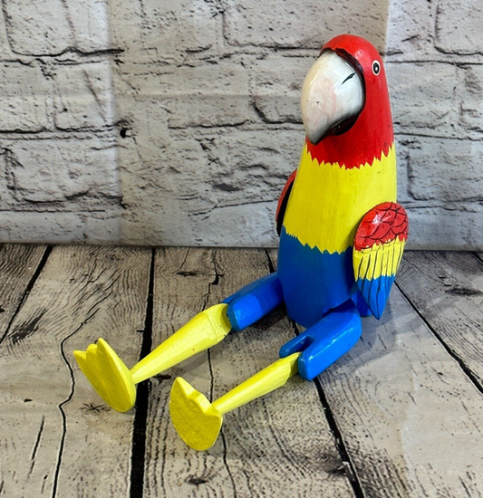20cm Colourful Parrot Sitting Animal, Wooden Shelf Ornament Handmade Fairtrade0