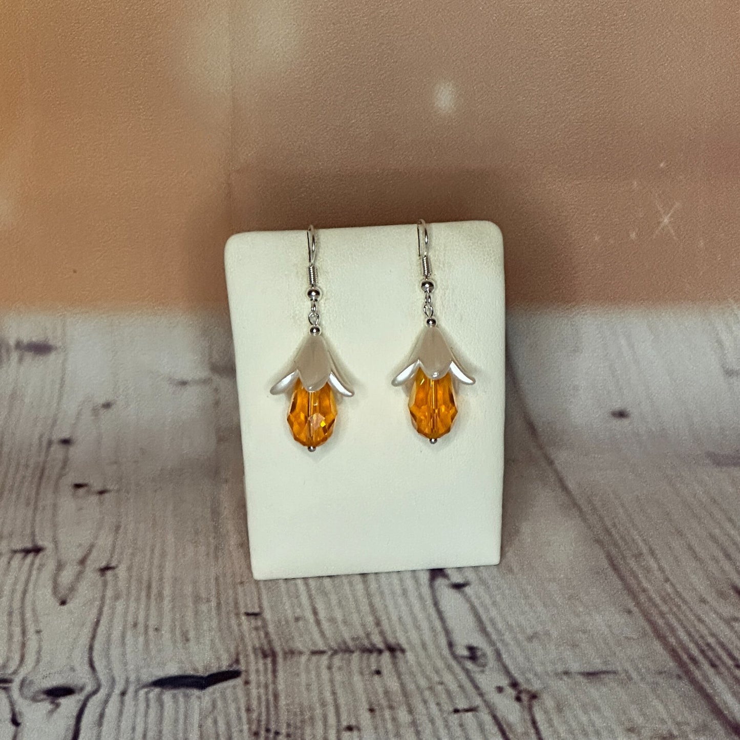 Orange Drop Crystal Lily Flower Dangle Drop Earrings Handmade UK Jewellery0