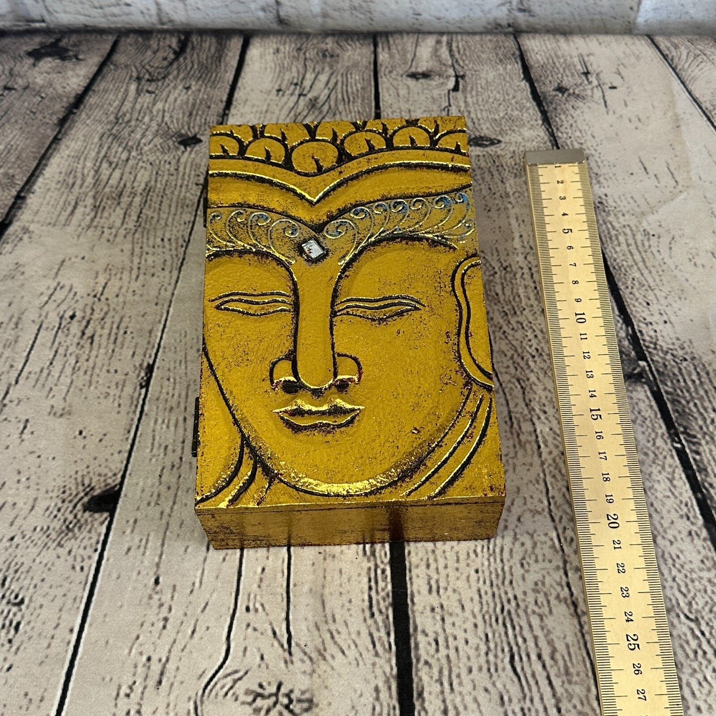 Bright Gold Thai Plain Buddha Face 20cm x 12cm x 5cm Wooden Box Trinket Handmade5