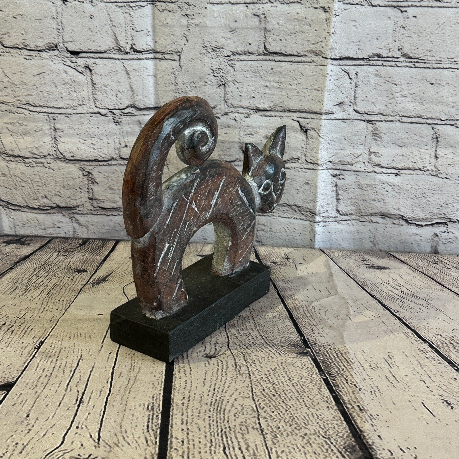 22cm x 20cm  Wooden Tribal Primitive Black Cat Stand Sculpture Statue Art2