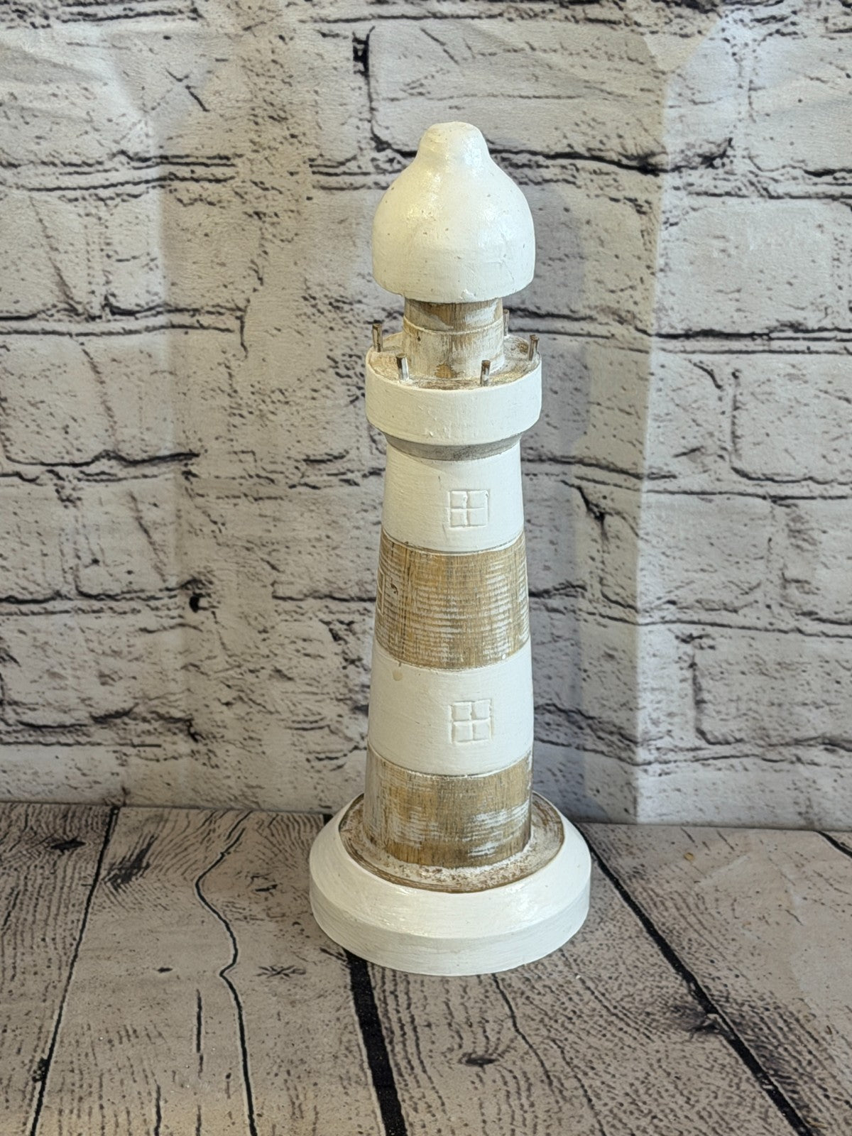 30cm Cream White Wooden Lighthouse Ornament Nautical Coastal Sculpture Statue2