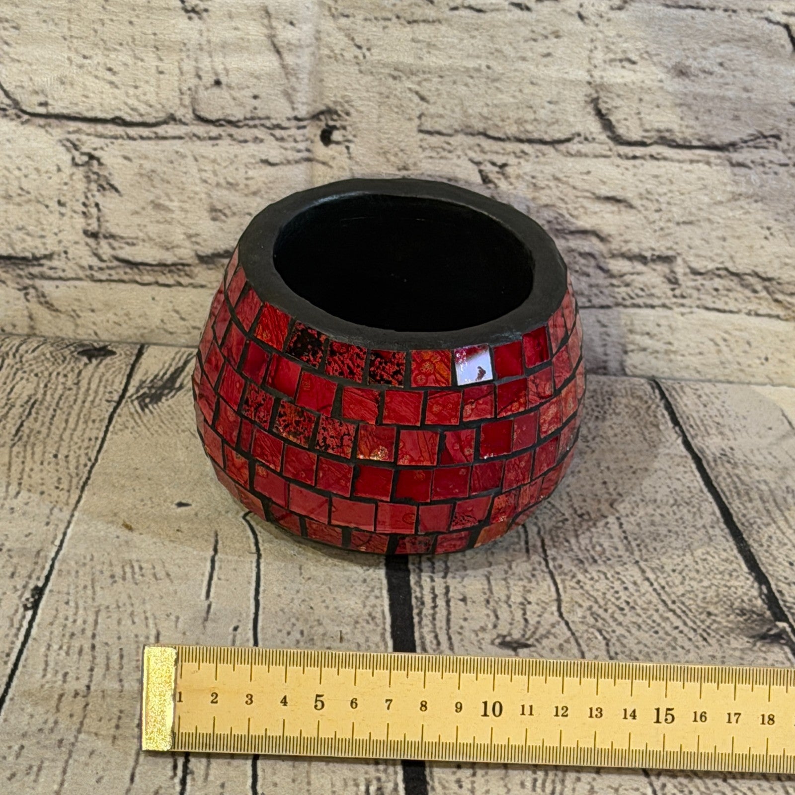 Red Small Pot 12cm Round Mosaic Pottery Incense Holder Burner Detail1