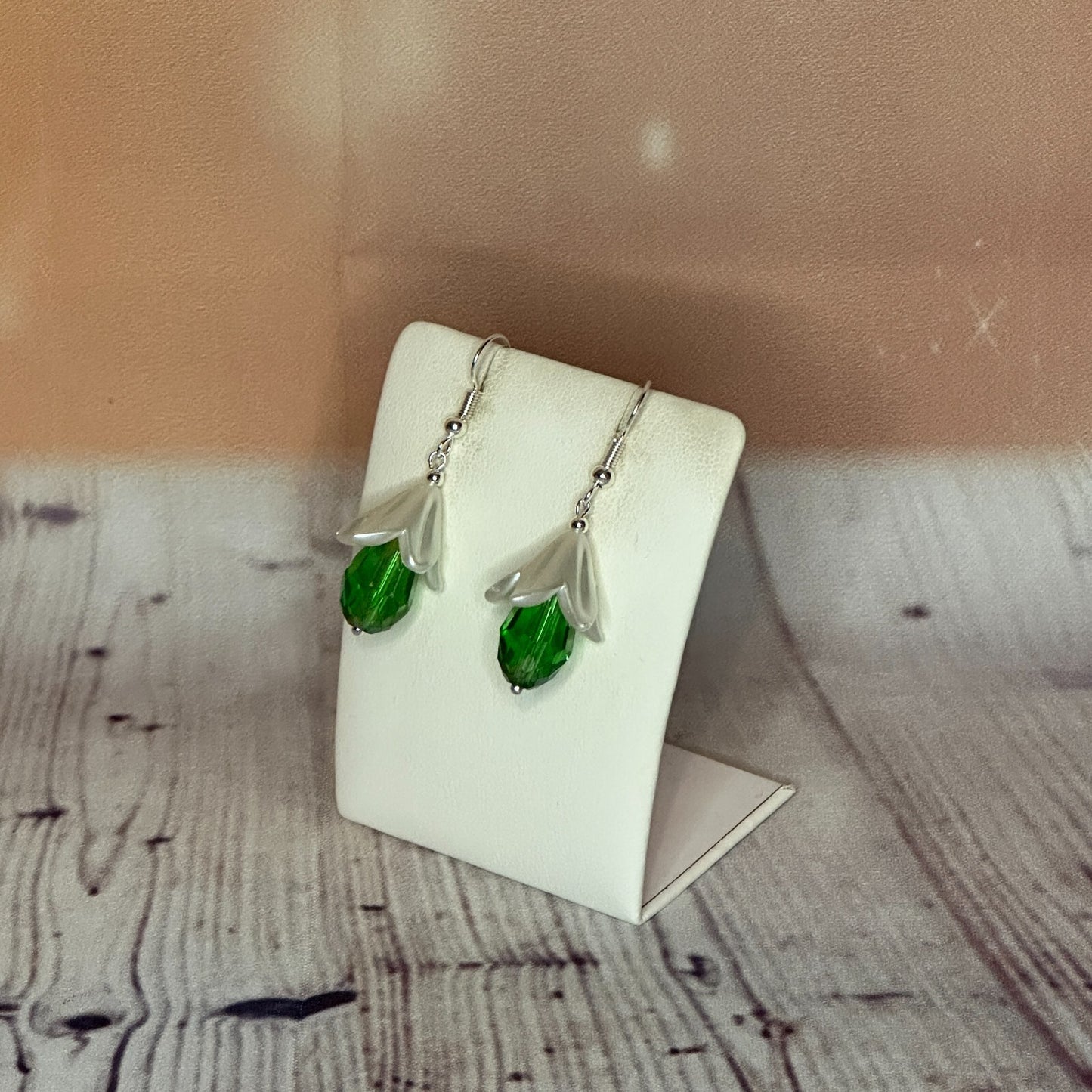 Green Drop Crystal Lily Flower Dangle Drop Earrings Handmade UK Jewellery1