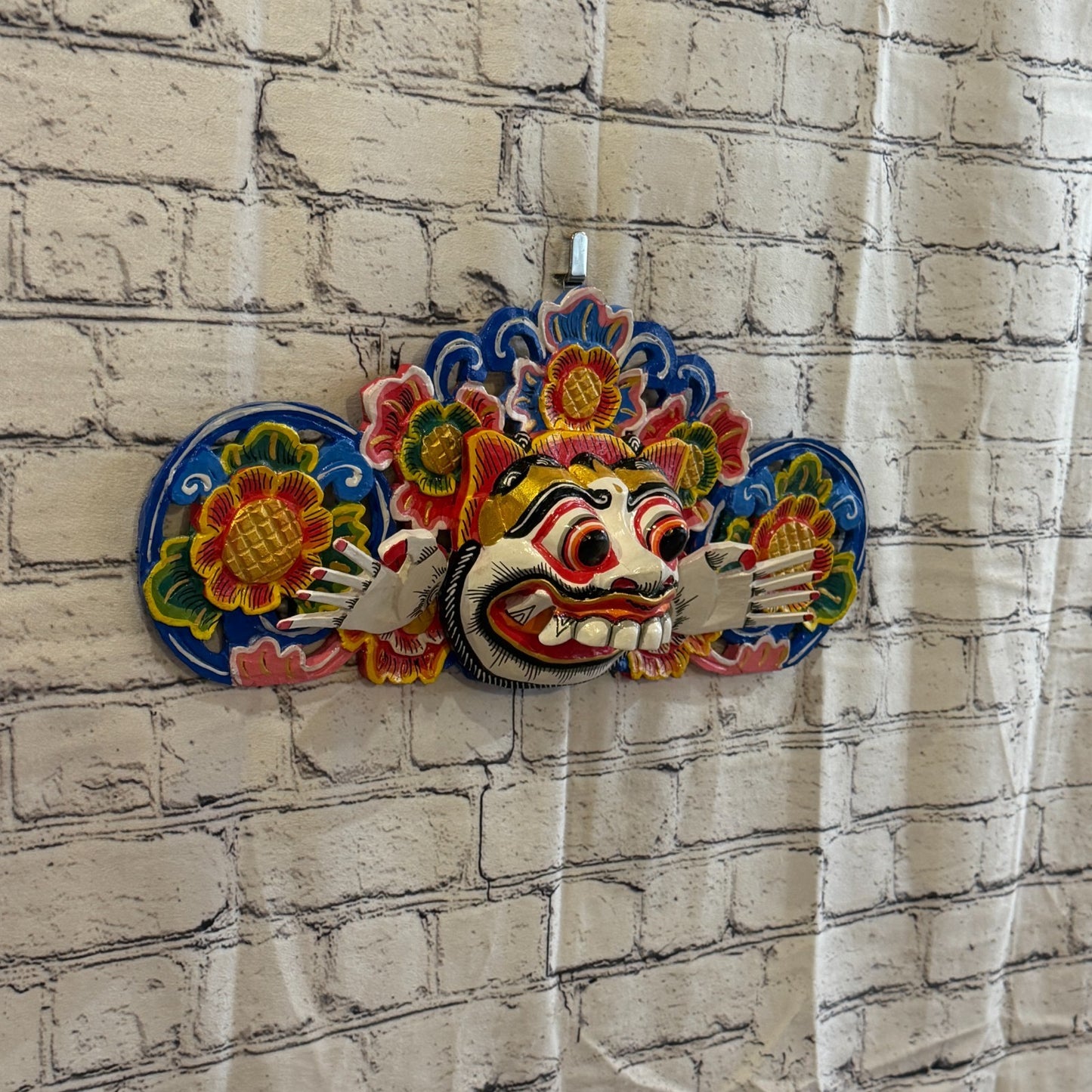 40cm Barong Boma White Demon Dragon Hindu Deity Wooden Hand Carved Mask Painted0