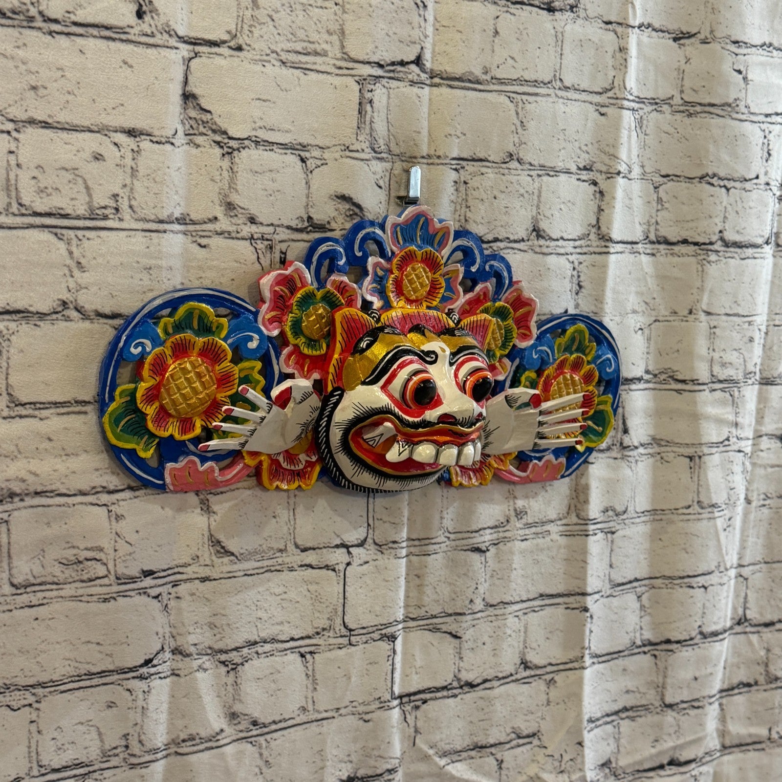 40cm Barong Boma White Demon Dragon Hindu Deity Wooden Hand Carved Mask Painted0